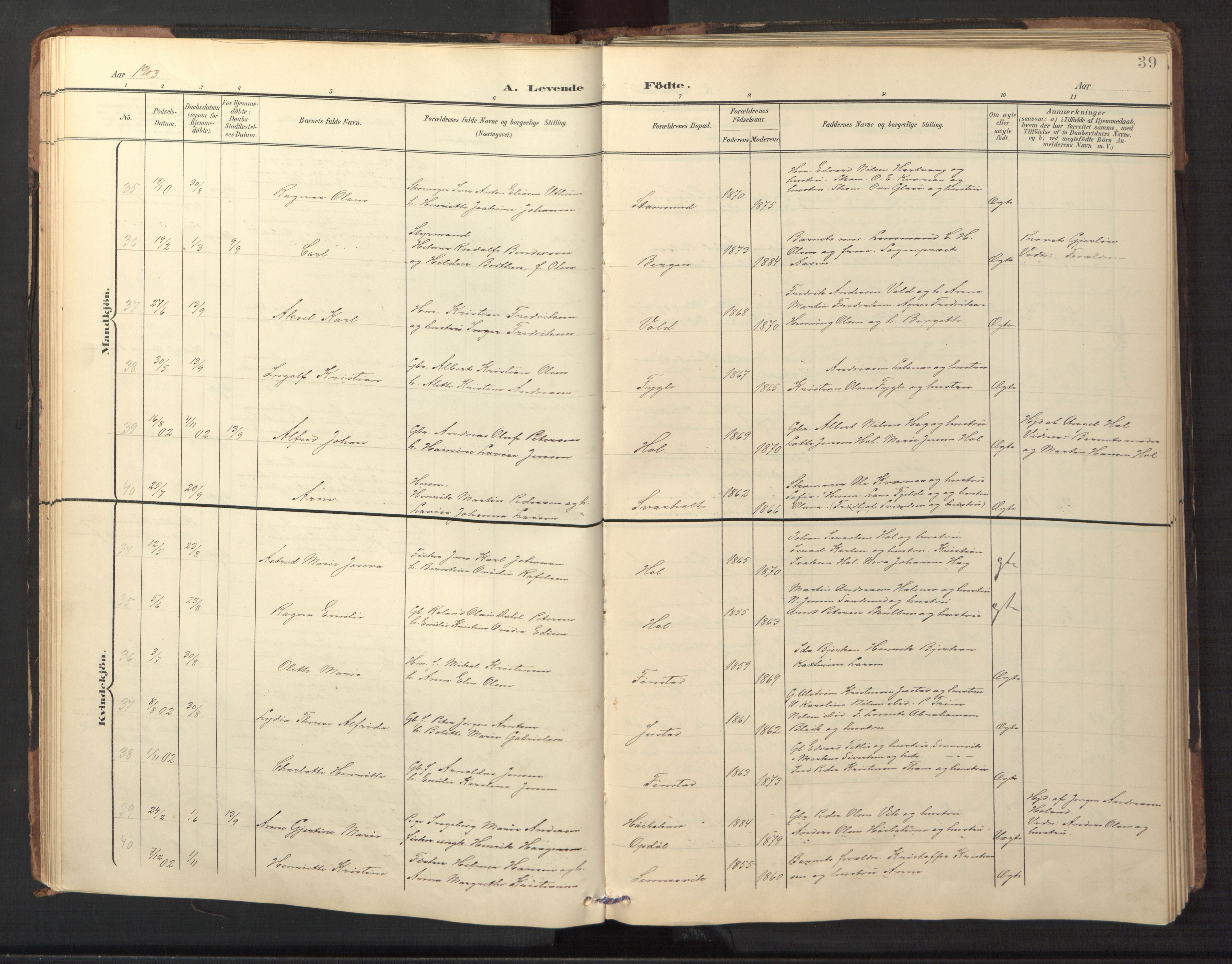 Ministerialprotokoller, klokkerbøker og fødselsregistre - Nordland, AV/SAT-A-1459/882/L1185: Parish register (copy) no. 882C03, 1898-1910, p. 39