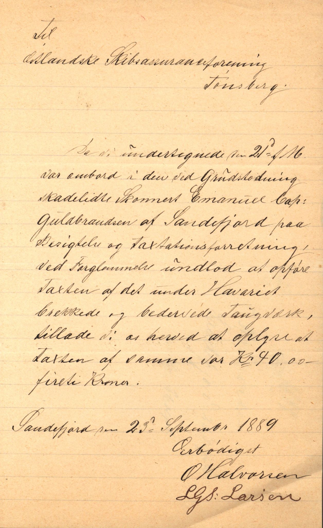 Pa 63 - Østlandske skibsassuranceforening, VEMU/A-1079/G/Ga/L0023/0009: Havaridokumenter / Emil, Black, Hawk, Columbus, Dagny, Askur, Imanuel, 1889, p. 39