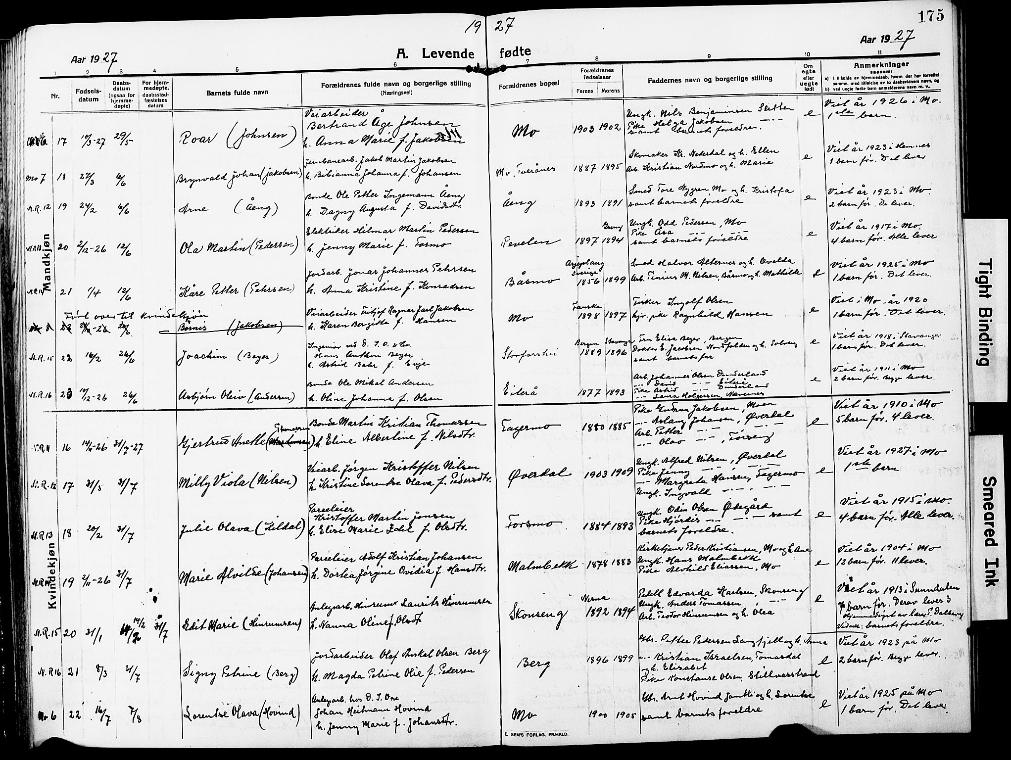 Ministerialprotokoller, klokkerbøker og fødselsregistre - Nordland, AV/SAT-A-1459/827/L0423: Parish register (copy) no. 827C12, 1912-1930, p. 175