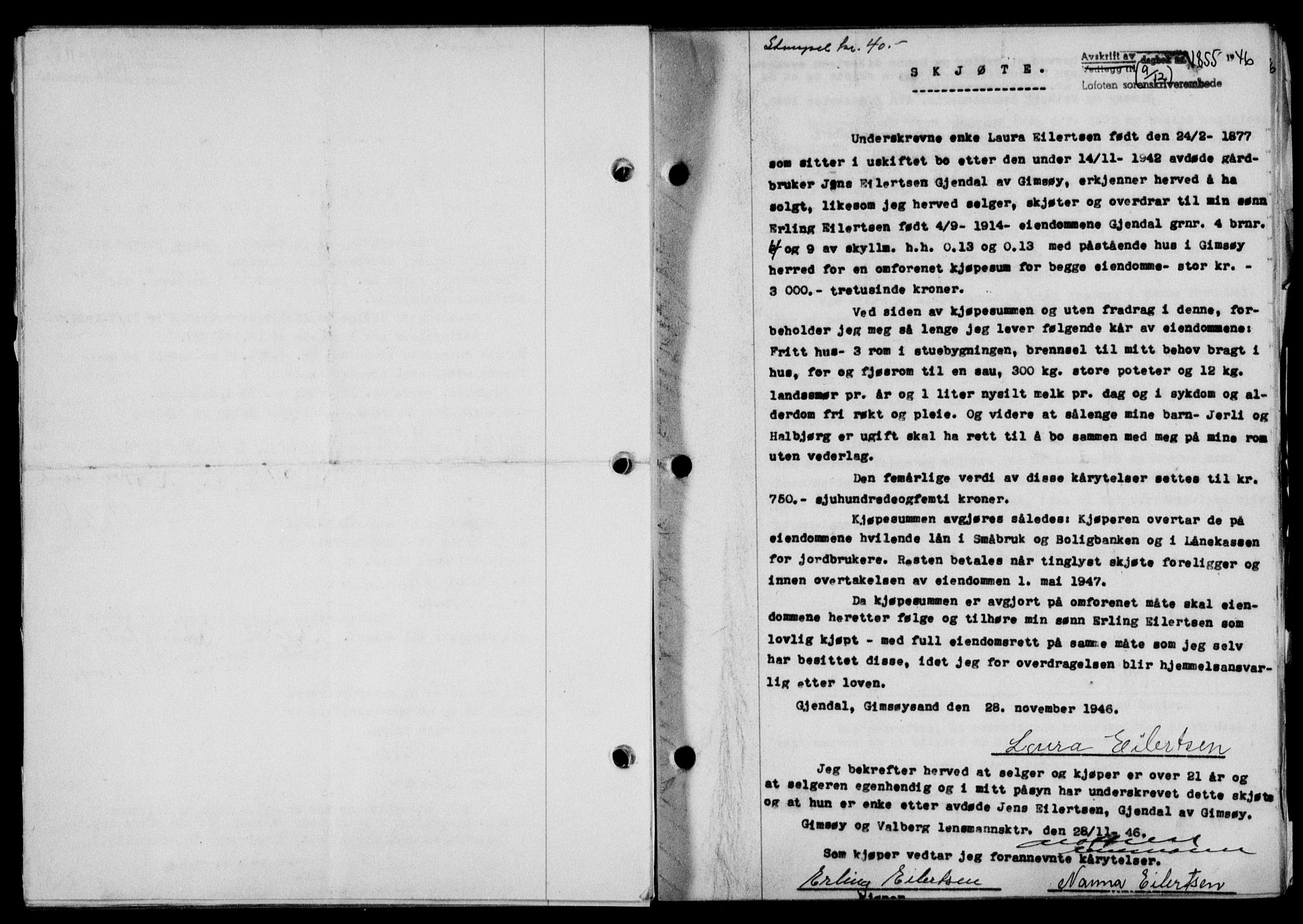 Lofoten sorenskriveri, SAT/A-0017/1/2/2C/L0015a: Mortgage book no. 15a, 1946-1947, Diary no: : 1855/1946