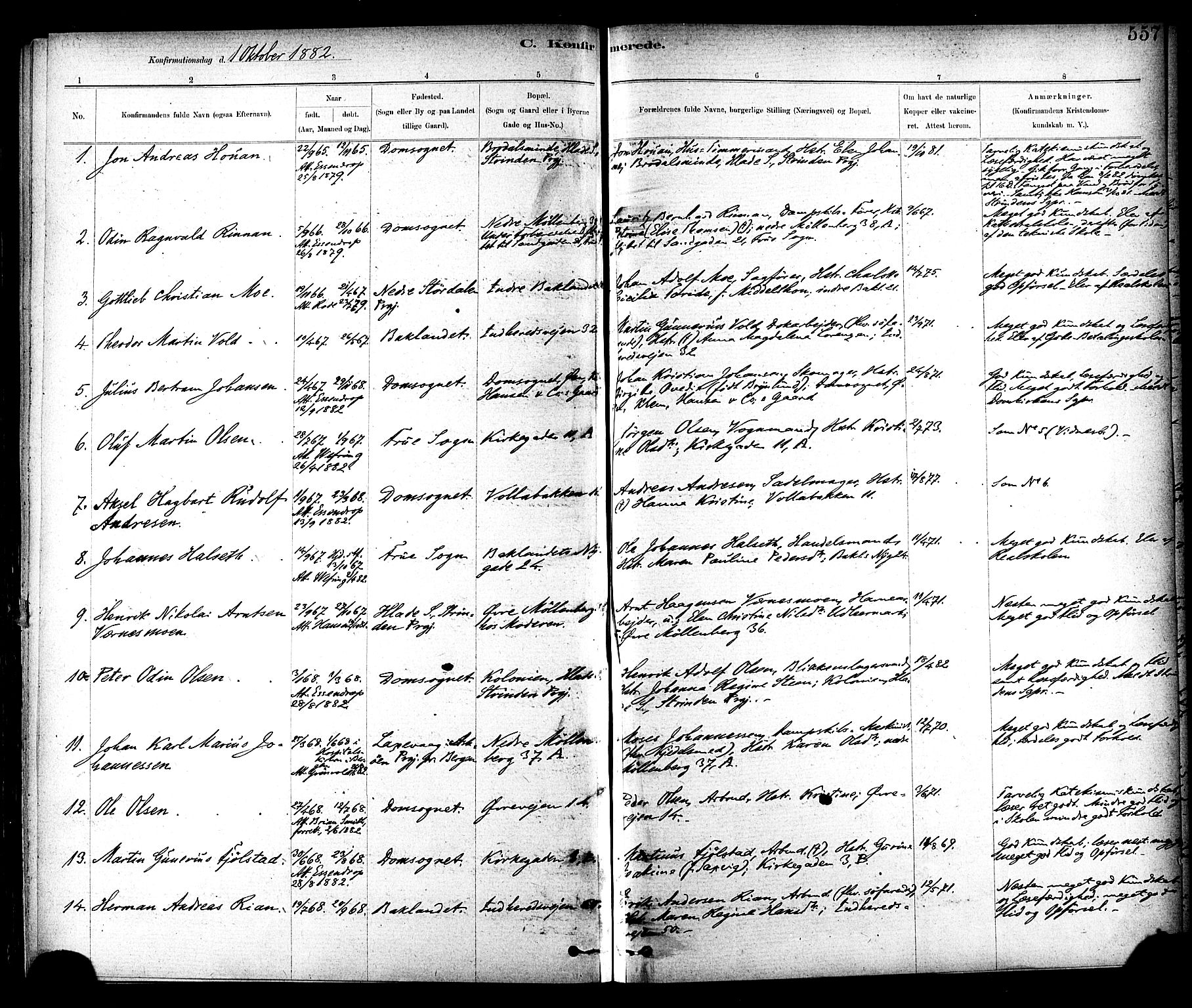 Ministerialprotokoller, klokkerbøker og fødselsregistre - Sør-Trøndelag, AV/SAT-A-1456/604/L0188: Parish register (official) no. 604A09, 1878-1892, p. 557