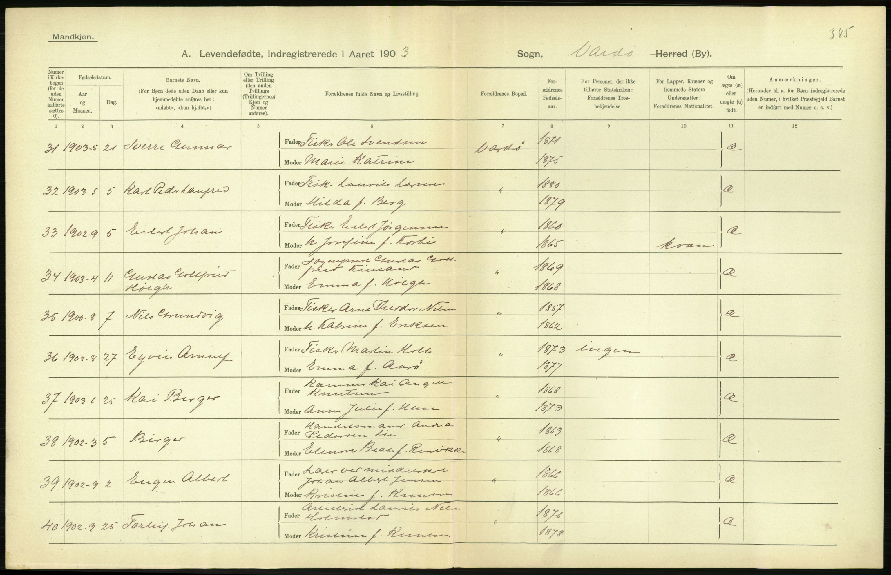 Statistisk sentralbyrå, Sosiodemografiske emner, Befolkning, AV/RA-S-2228/D/Df/Dfa/Dfaa/L0022: Finnmarkens amt: Fødte, gifte, døde., 1903, p. 138