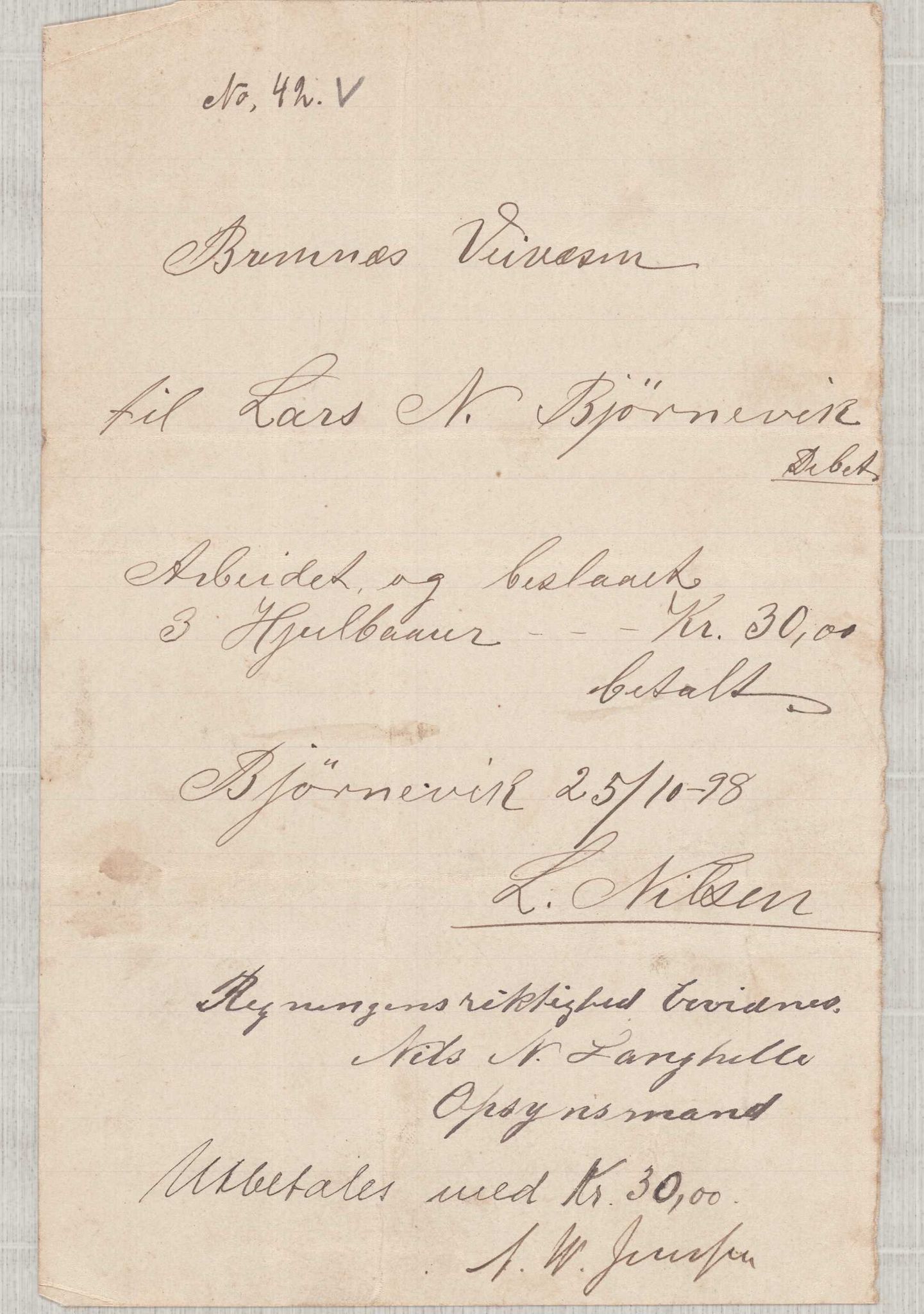 Finnaas kommune. Formannskapet, IKAH/1218a-021/E/Ea/L0002/0001: Rekneskap for veganlegg / Rekneskap for veganlegget Urangsvåg - Mælandsvåg, 1898-1900, p. 56