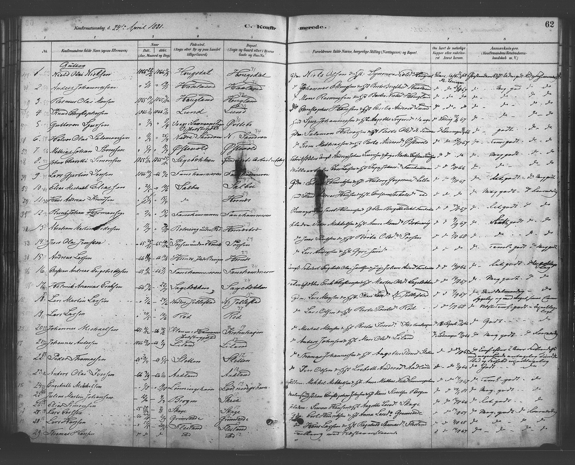 Fana Sokneprestembete, SAB/A-75101/H/Haa/Haab/L0001: Parish register (official) no. B 1, 1878-1889, p. 62