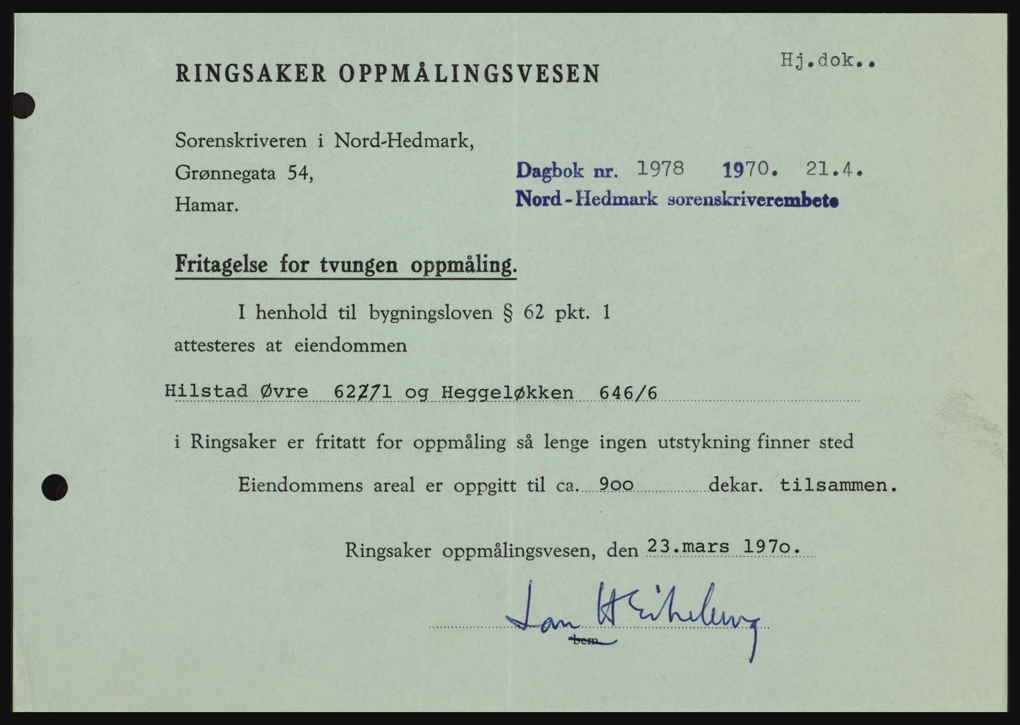 Nord-Hedmark sorenskriveri, SAH/TING-012/H/Hc/L0033: Mortgage book no. 33, 1970-1970, Diary no: : 1978/1970