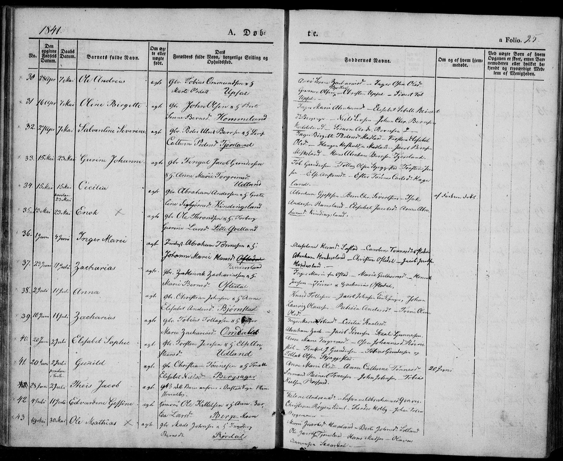 Lyngdal sokneprestkontor, SAK/1111-0029/F/Fa/Fac/L0008: Parish register (official) no. A 8, 1837-1852, p. 25