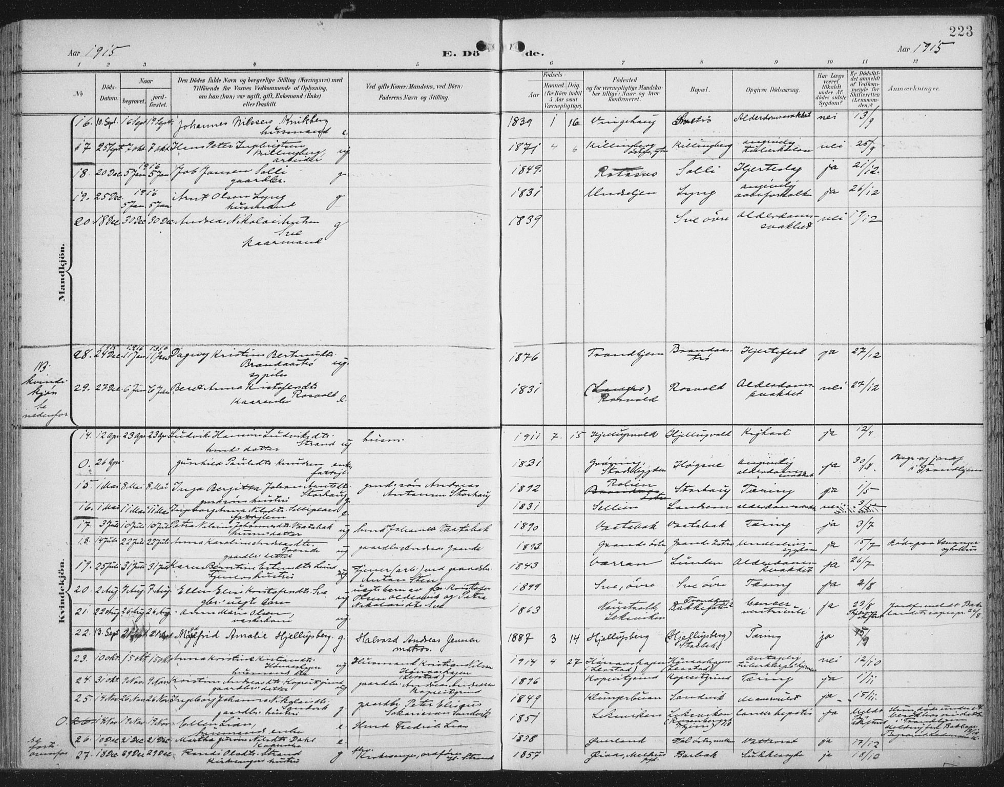 Ministerialprotokoller, klokkerbøker og fødselsregistre - Nord-Trøndelag, SAT/A-1458/701/L0011: Parish register (official) no. 701A11, 1899-1915, p. 223