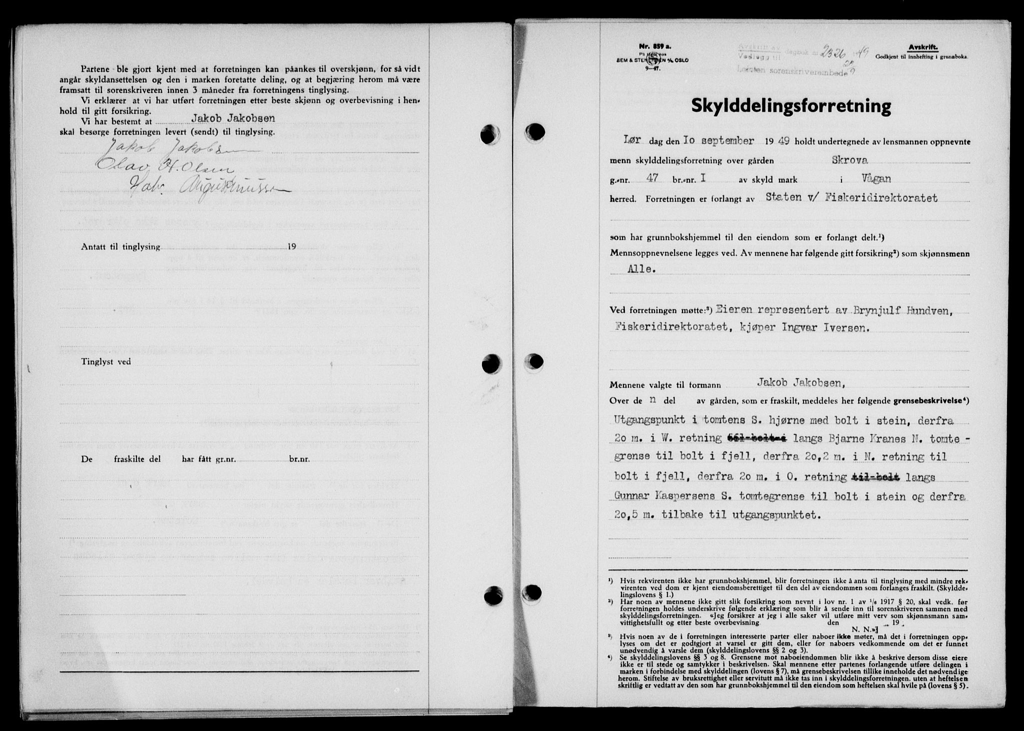 Lofoten sorenskriveri, SAT/A-0017/1/2/2C/L0021a: Mortgage book no. 21a, 1949-1949, Diary no: : 2326/1949
