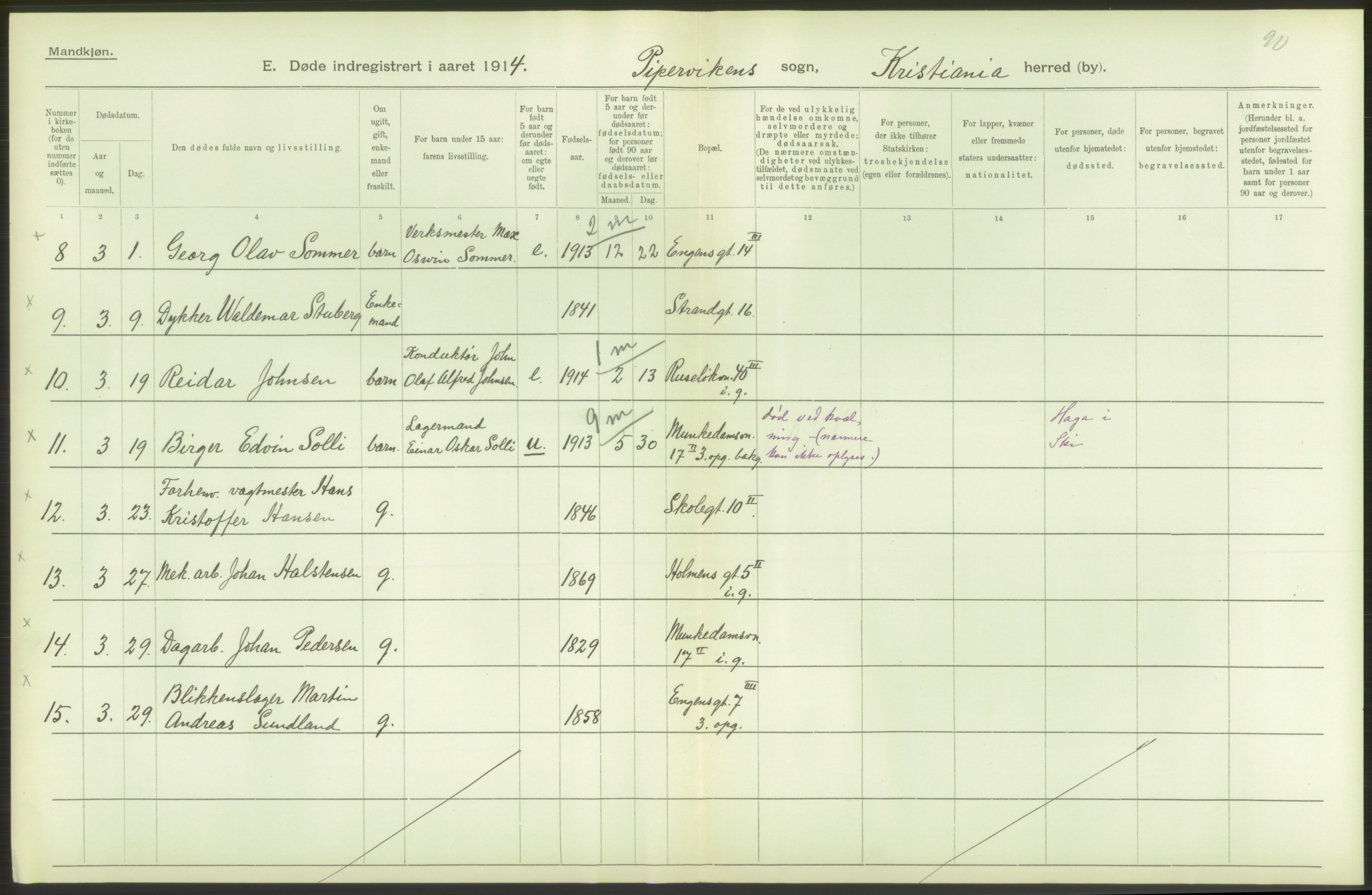 Statistisk sentralbyrå, Sosiodemografiske emner, Befolkning, AV/RA-S-2228/D/Df/Dfb/Dfbd/L0008: Kristiania: Døde, 1914, p. 52