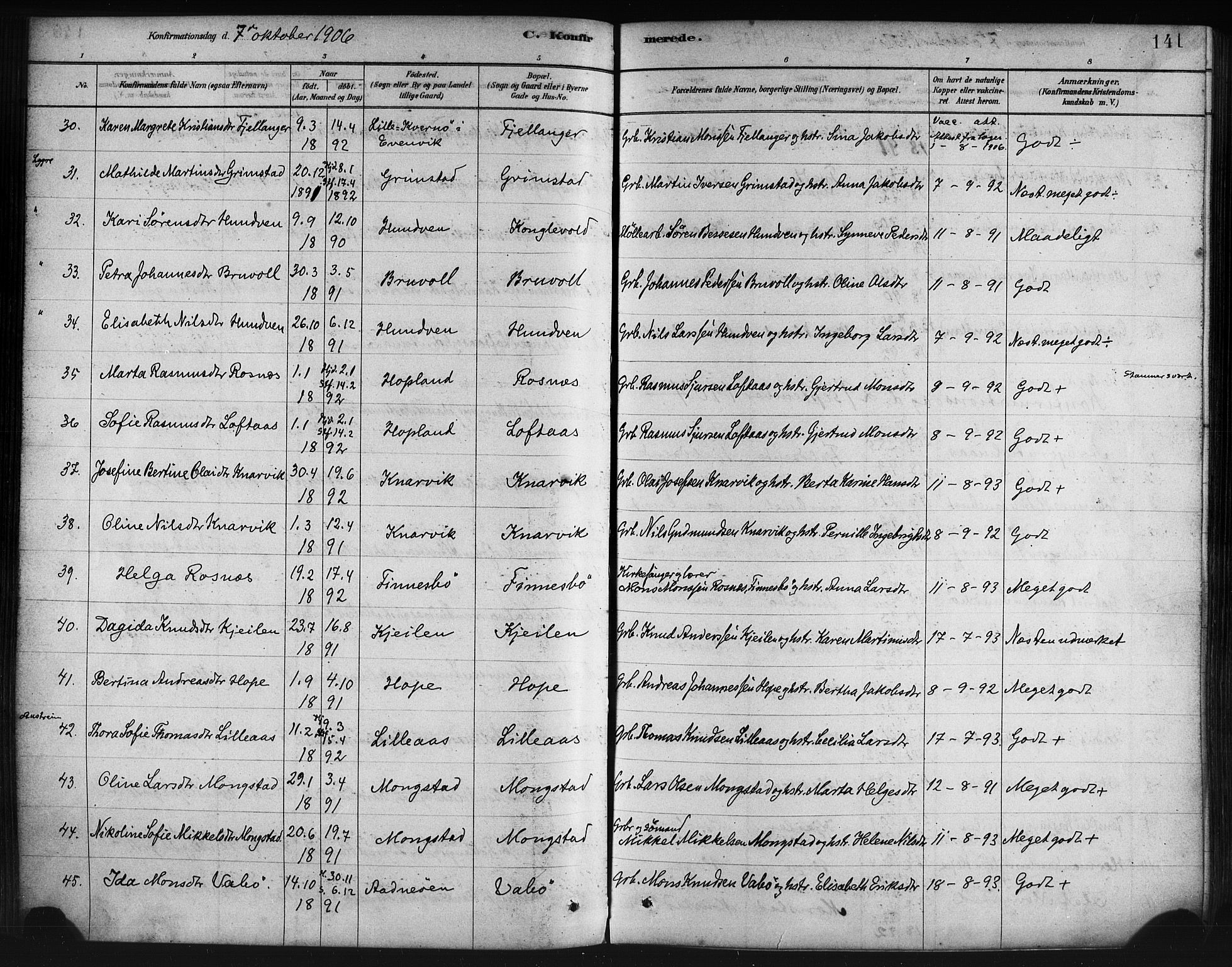 Lindås Sokneprestembete, AV/SAB-A-76701/H/Haa/Haaa/L0019: Parish register (official) no. A 19, 1878-1912, p. 141