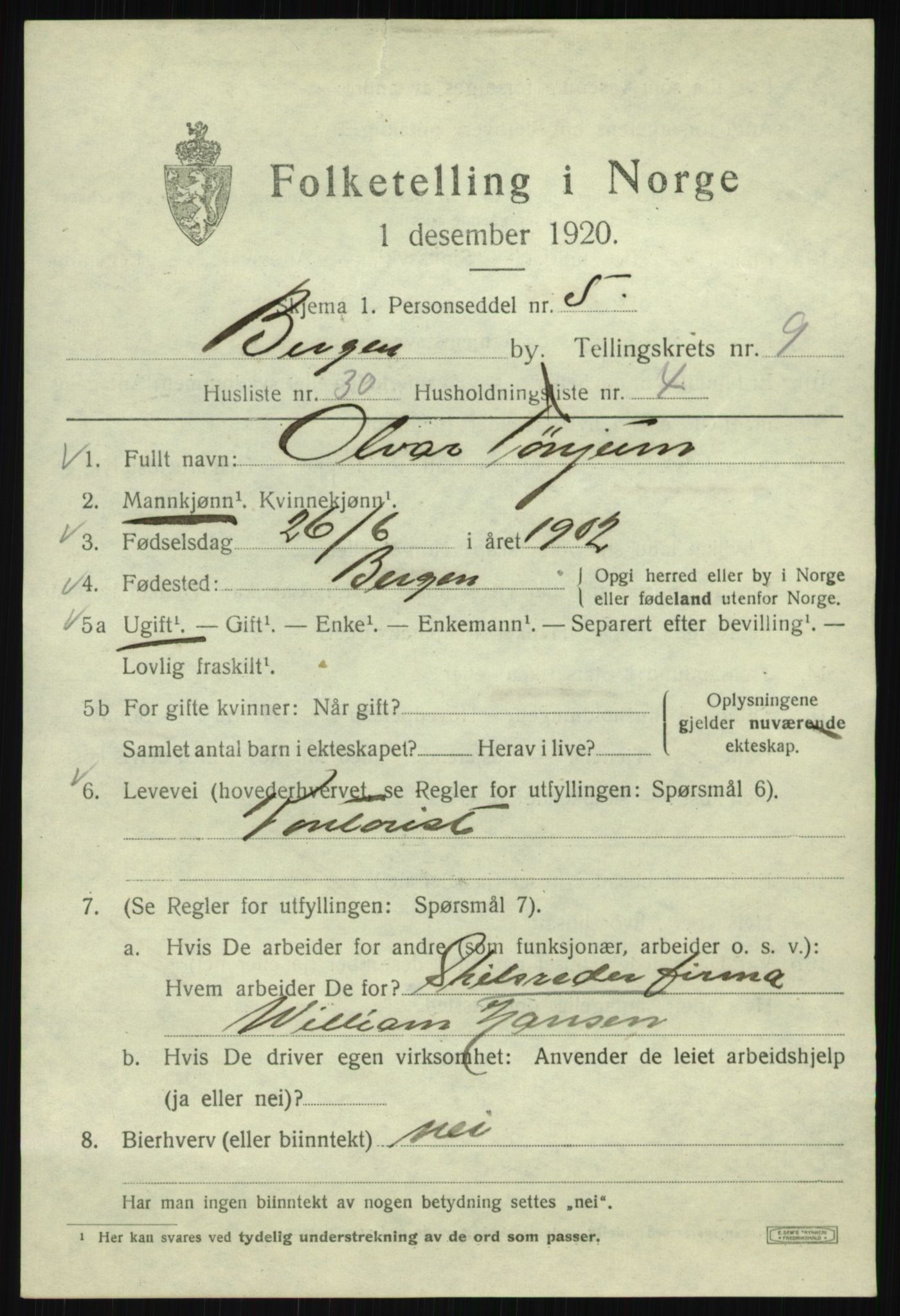 SAB, 1920 census for Bergen, 1920, p. 71313