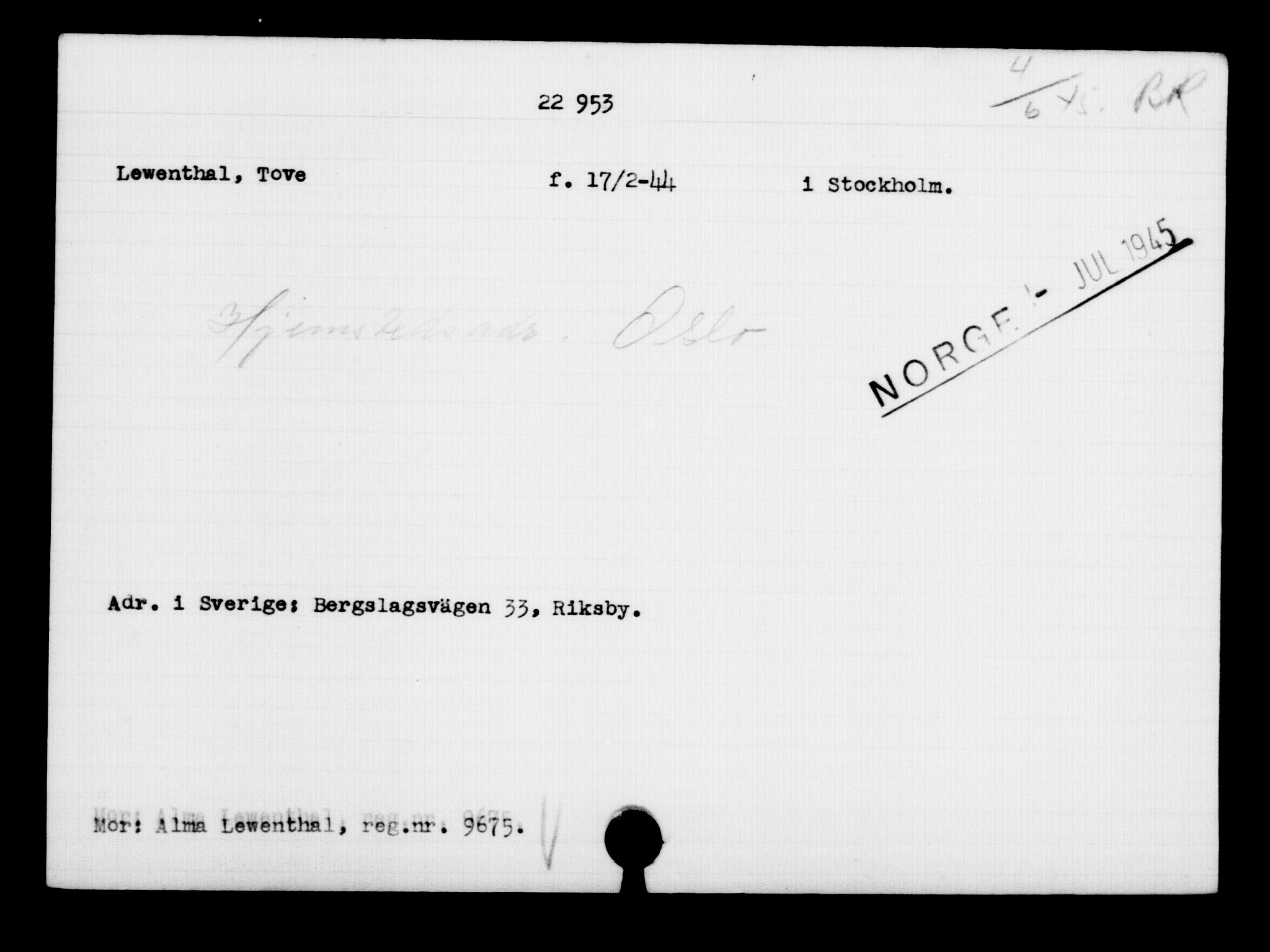 Den Kgl. Norske Legasjons Flyktningskontor, RA/S-6753/V/Va/L0010: Kjesäterkartoteket.  Flyktningenr. 22000-25314, 1940-1945, p. 1032