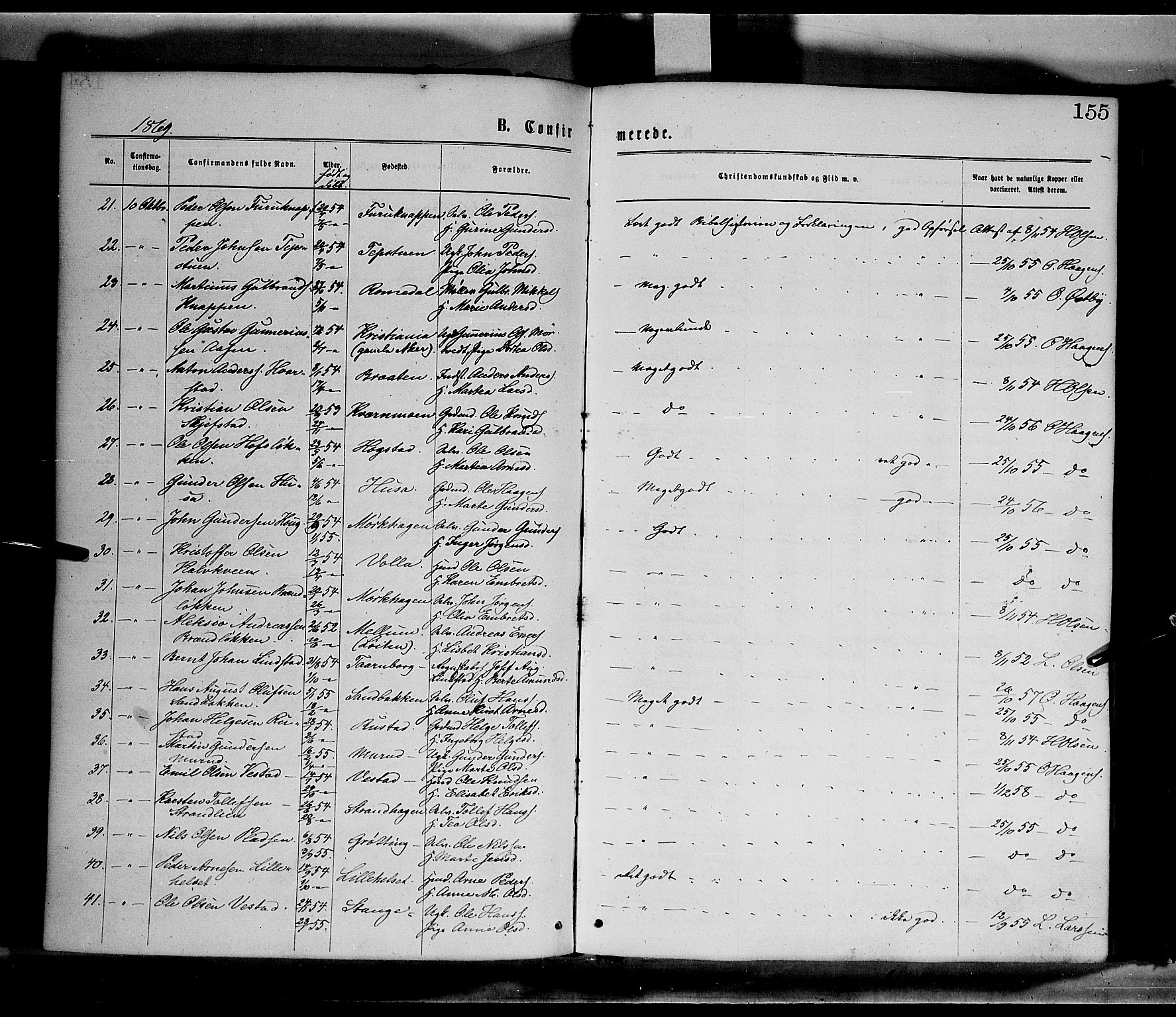 Elverum prestekontor, AV/SAH-PREST-044/H/Ha/Haa/L0011: Parish register (official) no. 11, 1869-1879, p. 155