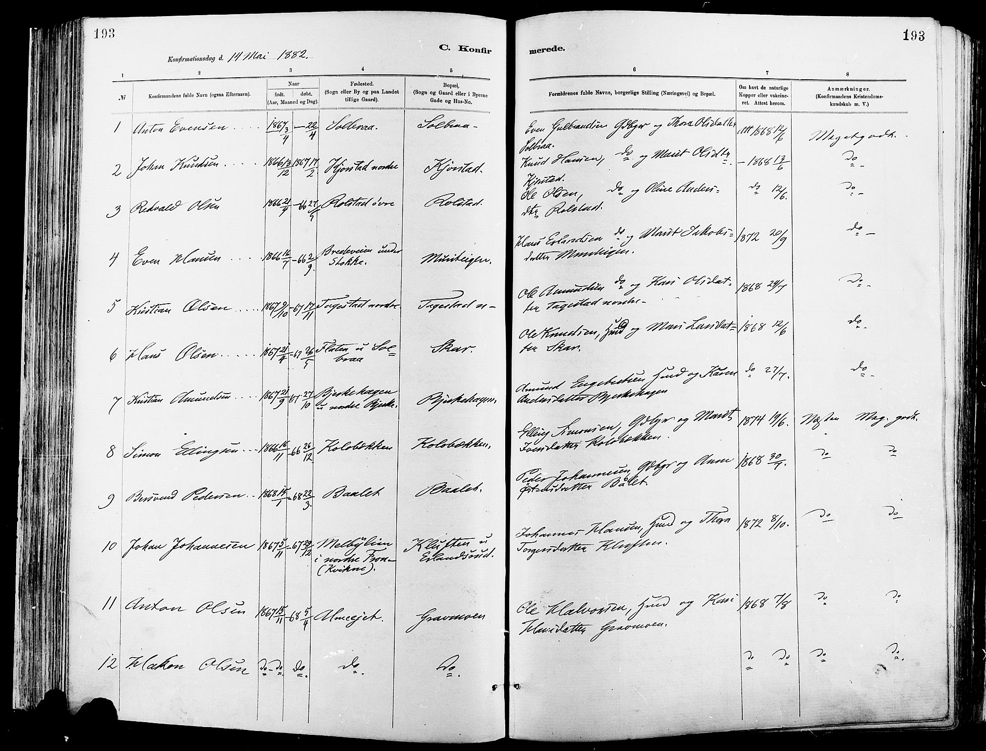Sør-Fron prestekontor, SAH/PREST-010/H/Ha/Haa/L0003: Parish register (official) no. 3, 1881-1897, p. 193