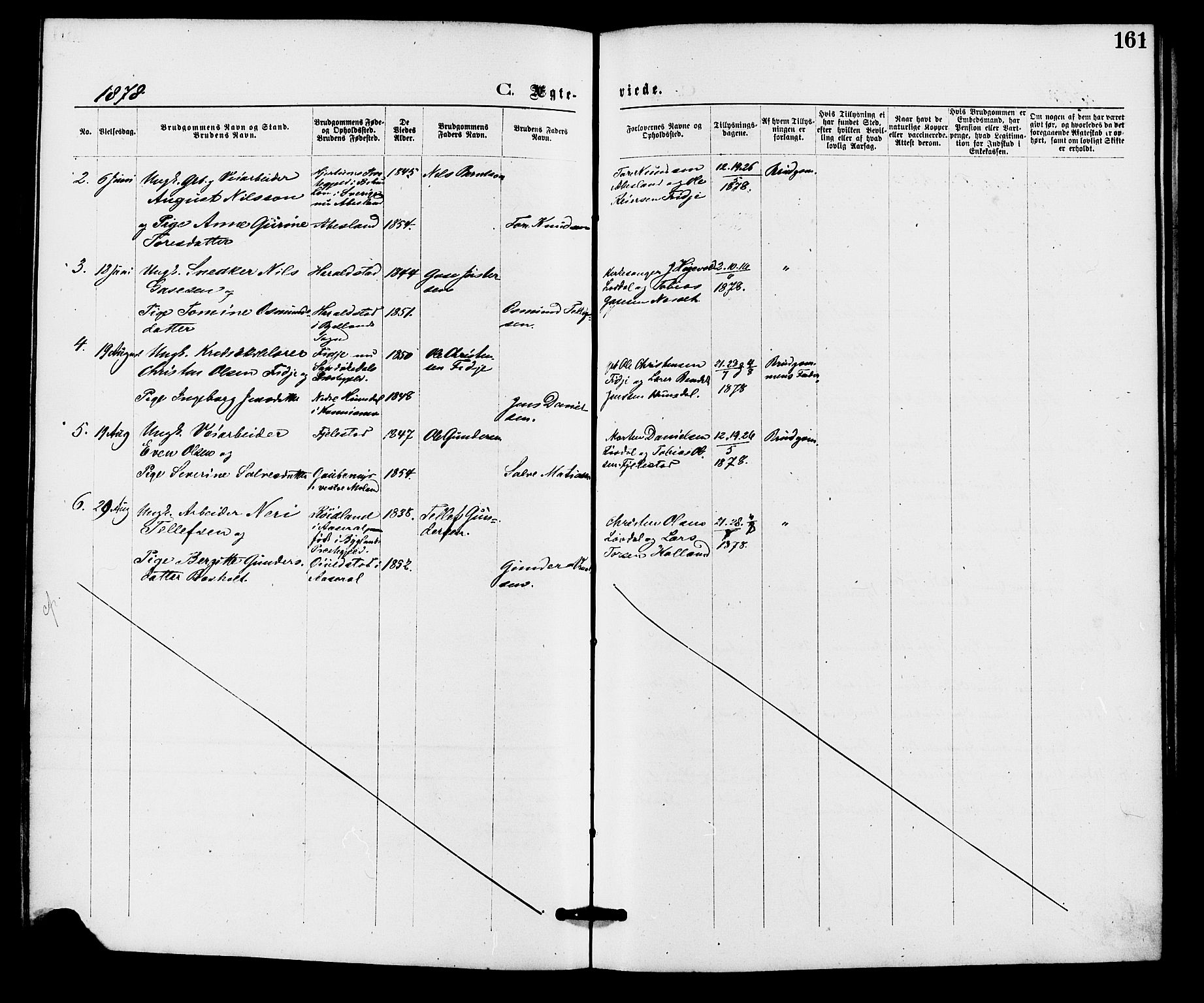 Holum sokneprestkontor, AV/SAK-1111-0022/F/Fa/Fab/L0006: Parish register (official) no. A 6, 1875-1886, p. 161