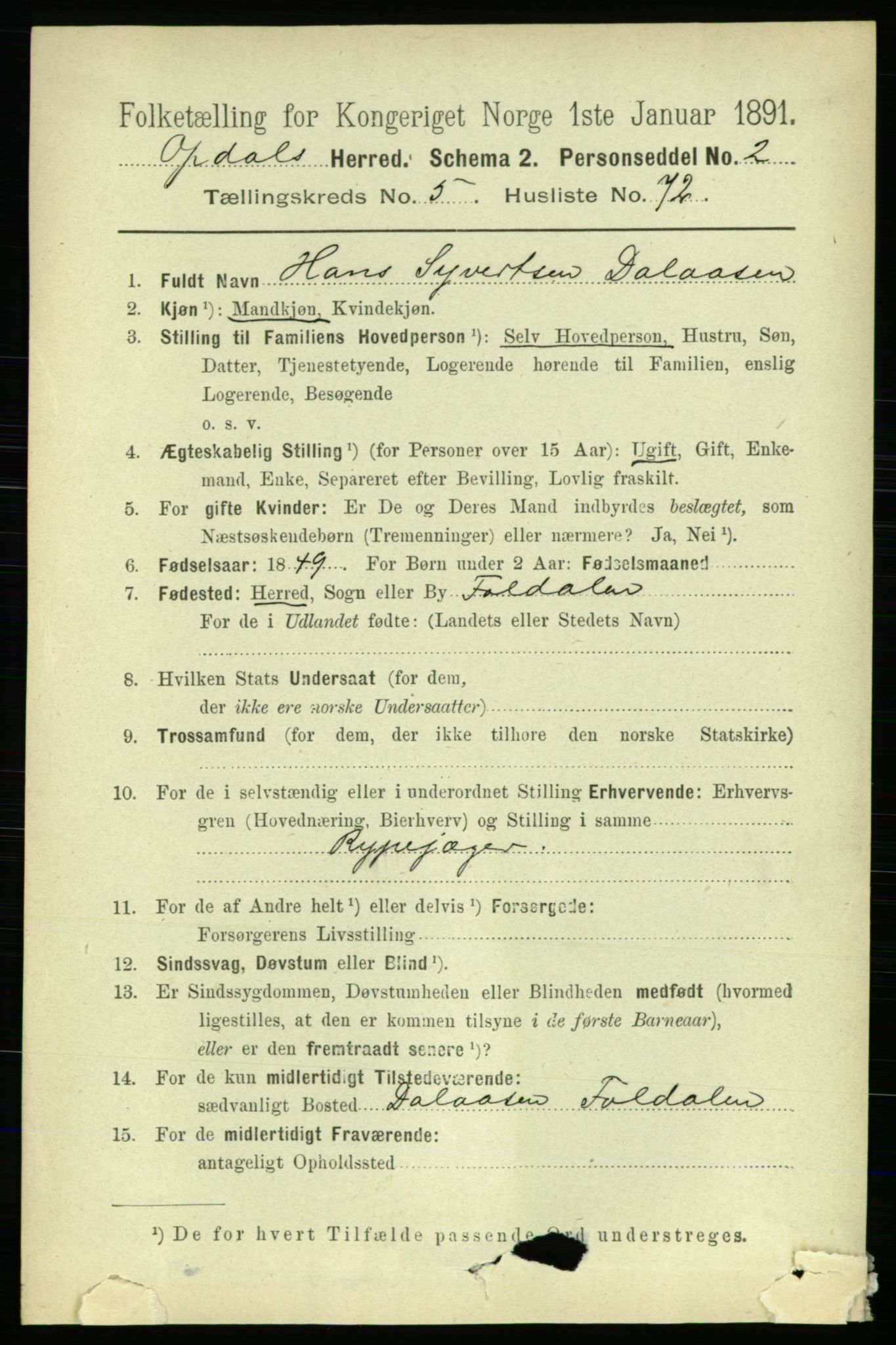 RA, 1891 census for 1634 Oppdal, 1891, p. 2669