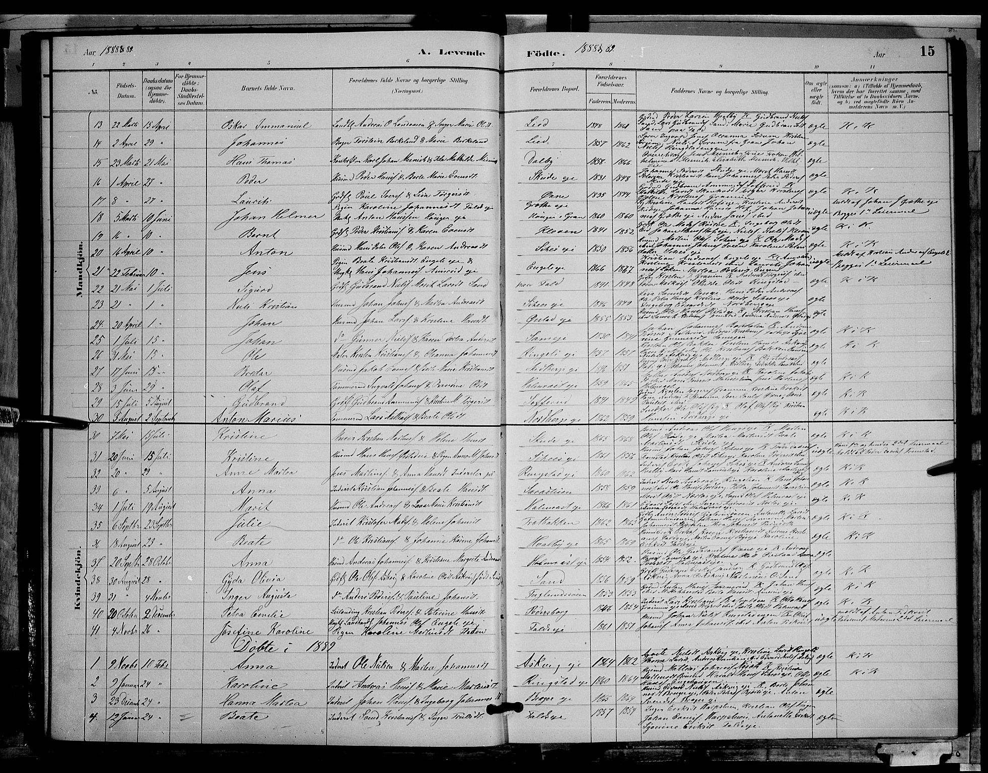 Søndre Land prestekontor, SAH/PREST-122/L/L0002: Parish register (copy) no. 2, 1884-1900, p. 15