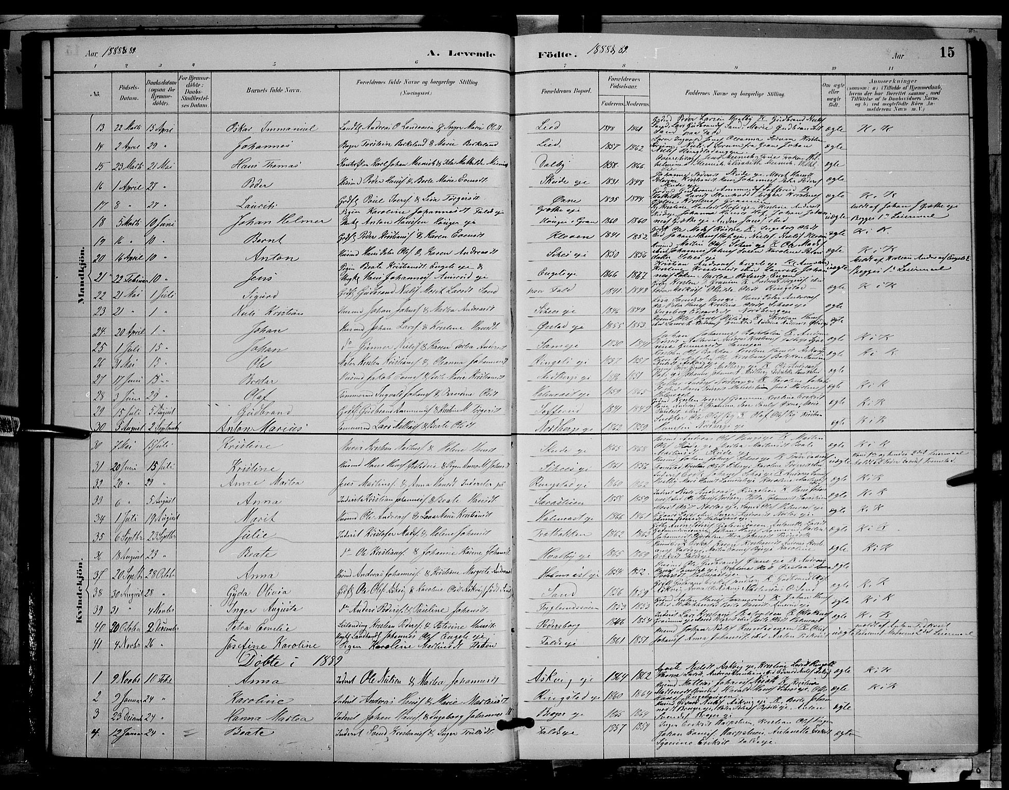 Søndre Land prestekontor, AV/SAH-PREST-122/L/L0002: Parish register (copy) no. 2, 1884-1900, p. 15