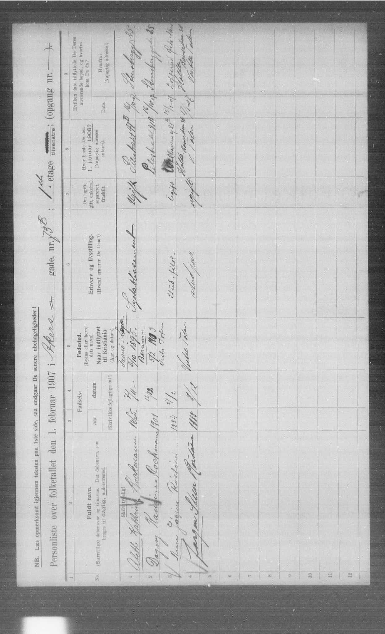 OBA, Municipal Census 1907 for Kristiania, 1907, p. 465