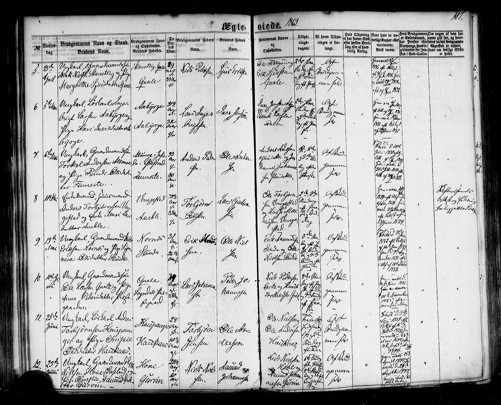 Sogndal sokneprestembete, AV/SAB-A-81301/H/Haa/Haaa/L0013: Parish register (official) no. A 13, 1859-1877, p. 187