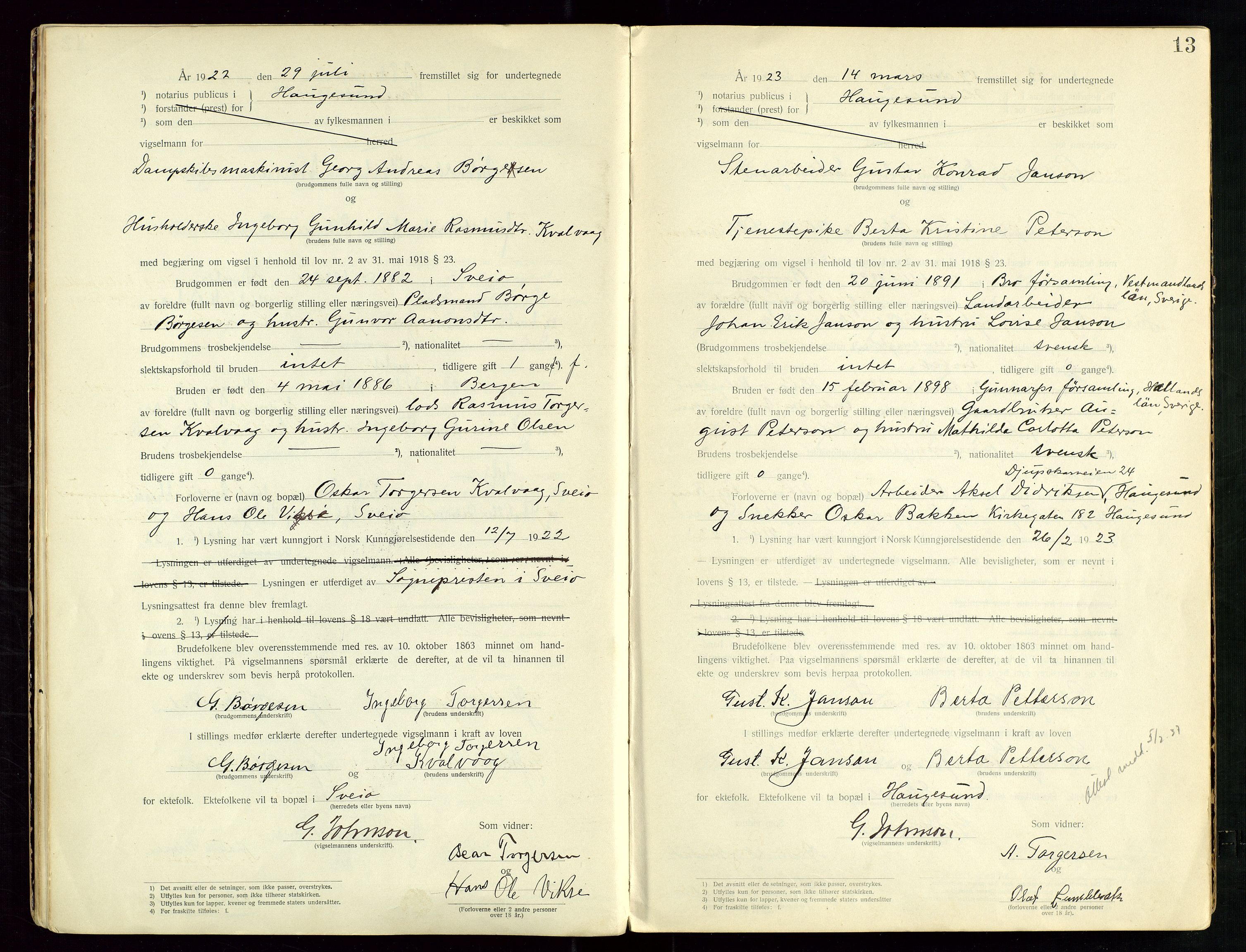 Haugesund tingrett, AV/SAST-A-101415/01/III/IIID/L0001: Vigselbok, 1920-1938, p. 13