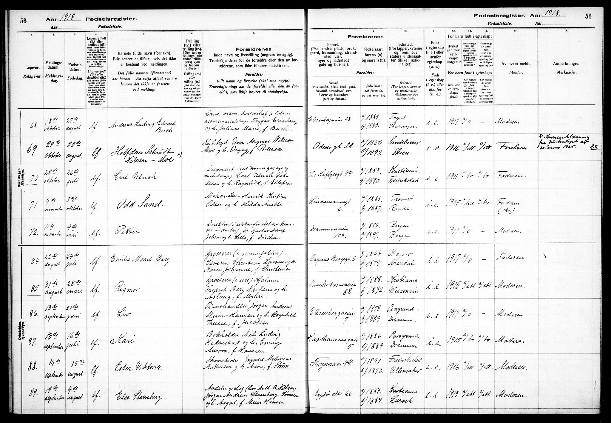 Frogner prestekontor Kirkebøker, AV/SAO-A-10886/J/Ja/L0001: Birth register no. 1, 1916-1927, p. 56