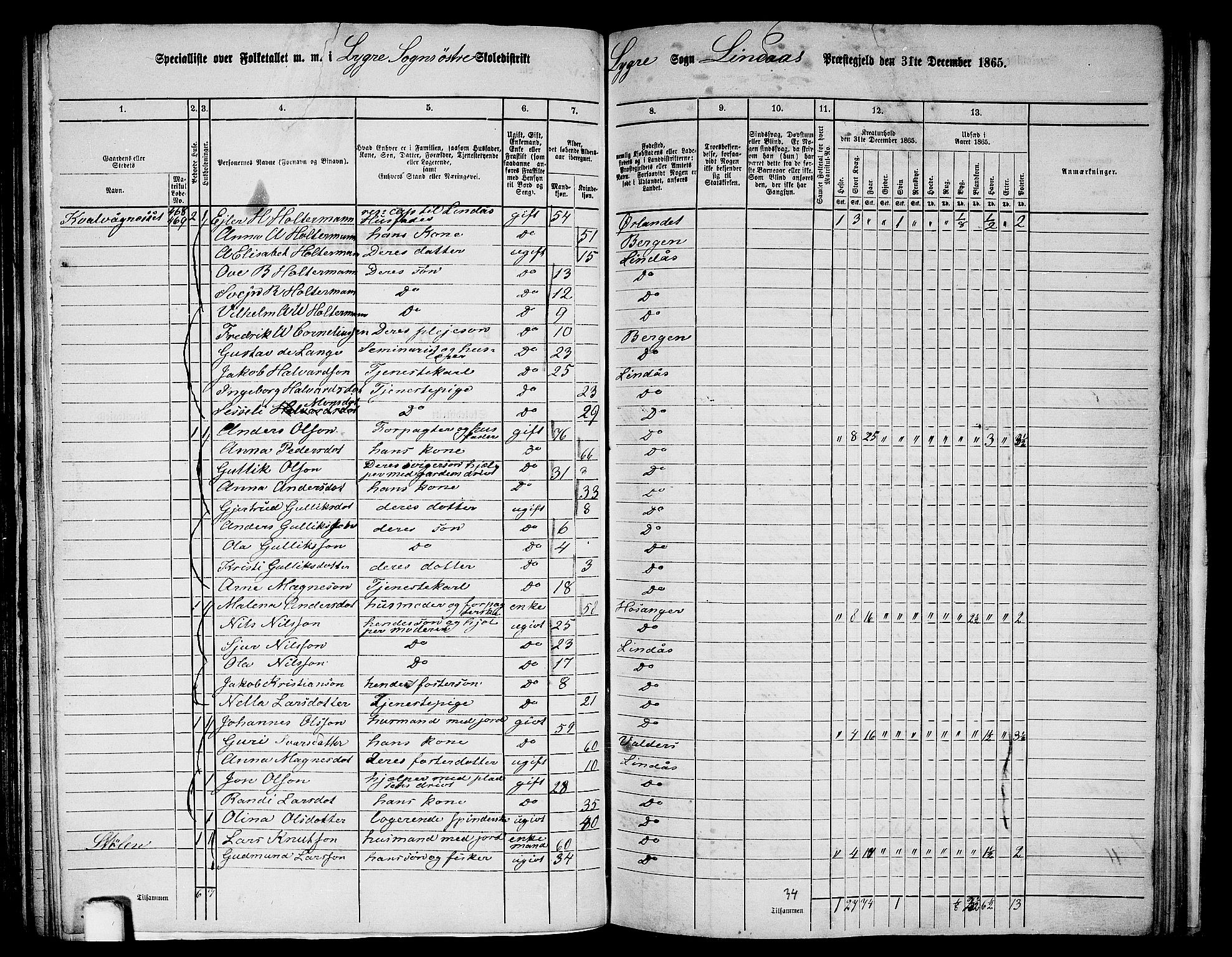 RA, 1865 census for Lindås, 1865, p. 156