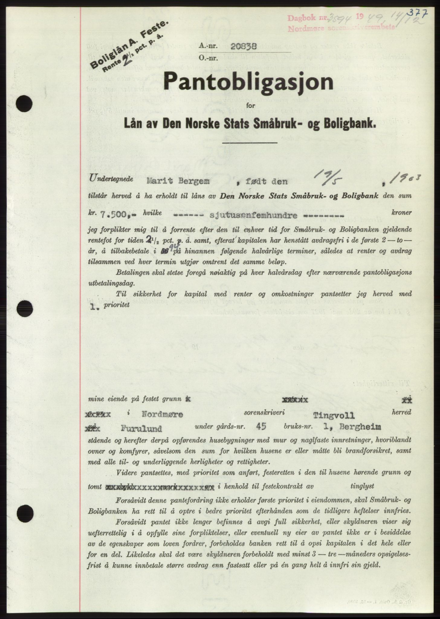 Nordmøre sorenskriveri, AV/SAT-A-4132/1/2/2Ca: Mortgage book no. B103, 1949-1950, Diary no: : 3594/1949