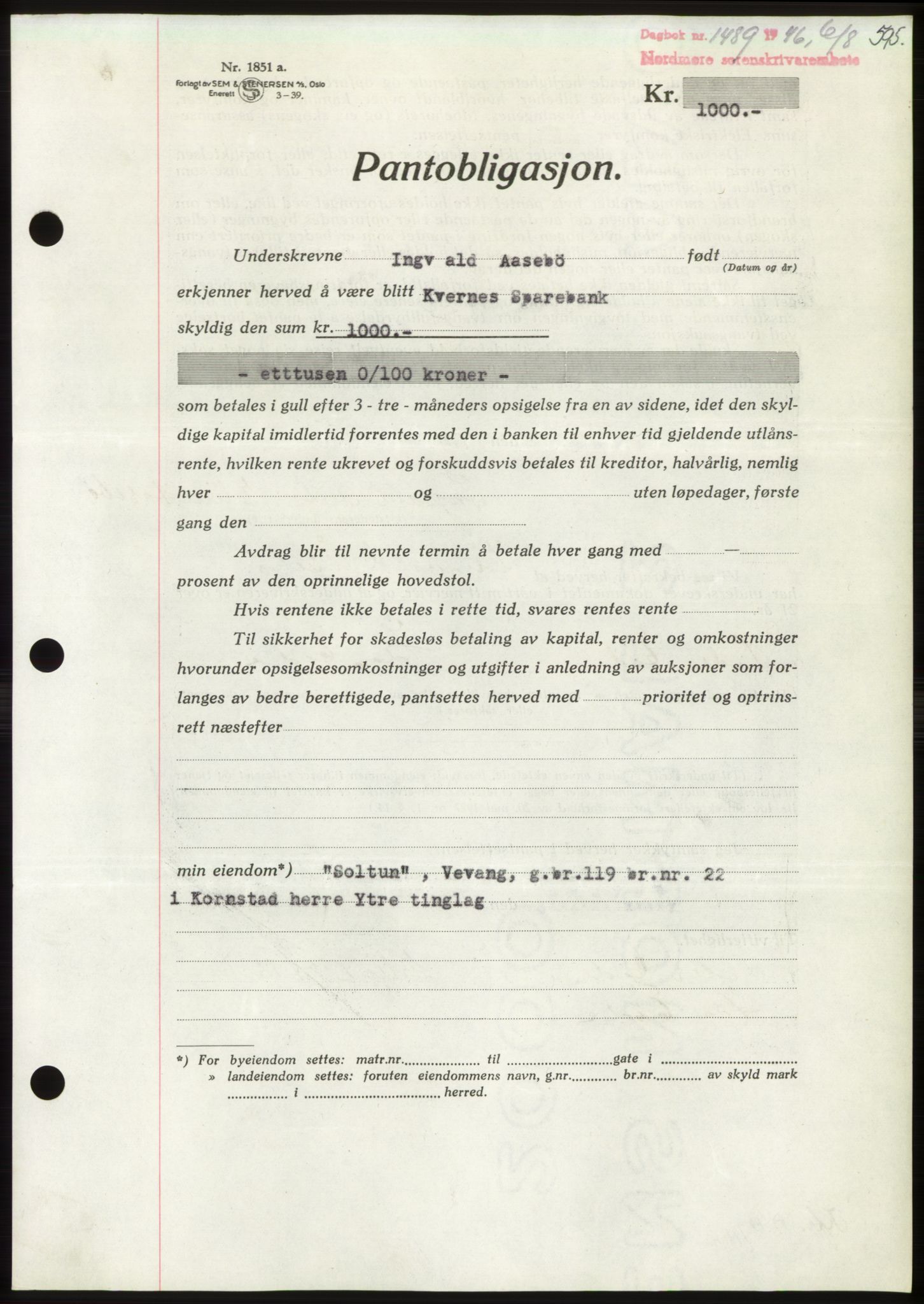 Nordmøre sorenskriveri, AV/SAT-A-4132/1/2/2Ca: Mortgage book no. B94, 1946-1946, Diary no: : 1489/1946