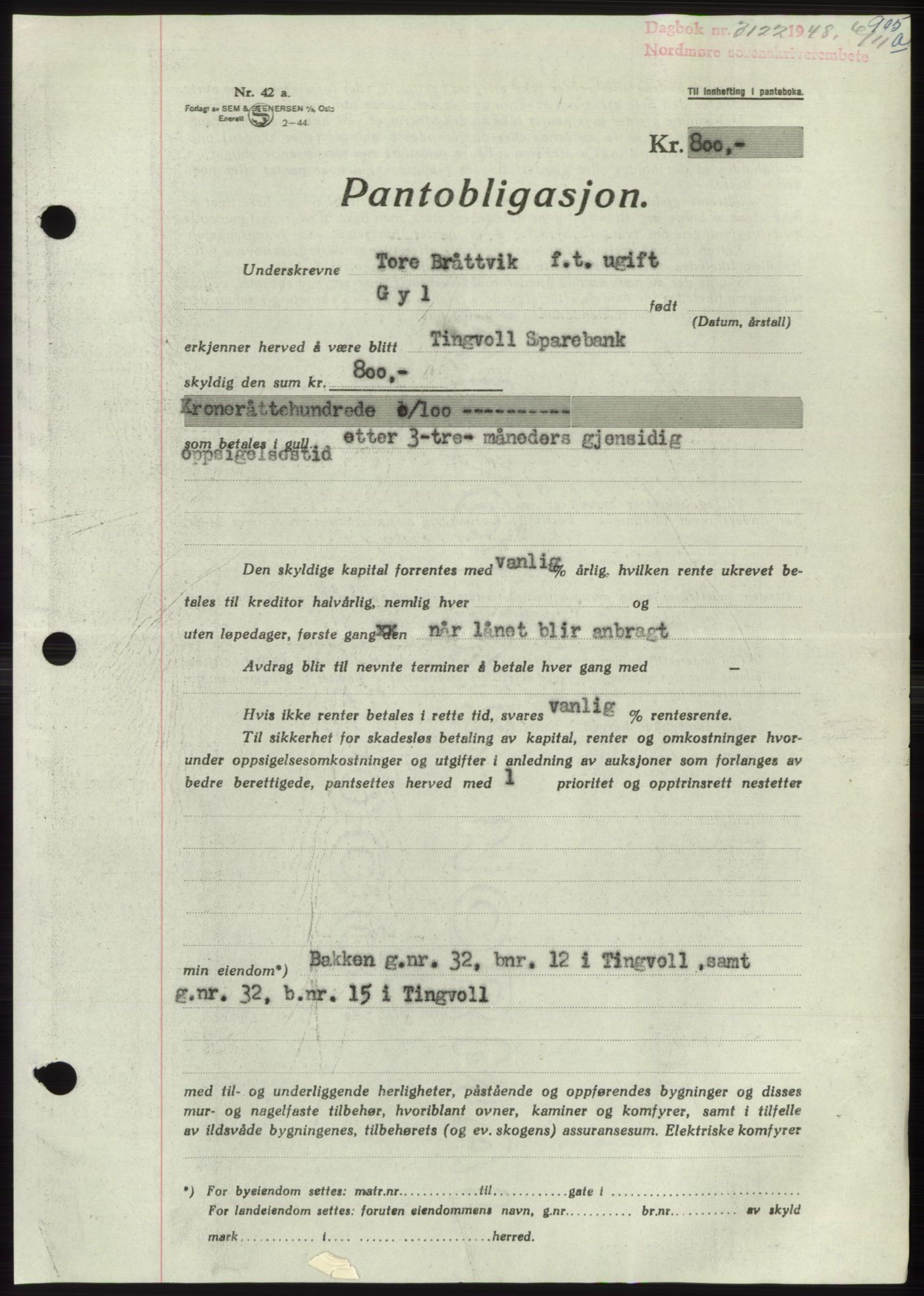 Nordmøre sorenskriveri, AV/SAT-A-4132/1/2/2Ca: Mortgage book no. B99, 1948-1948, Diary no: : 3122/1948