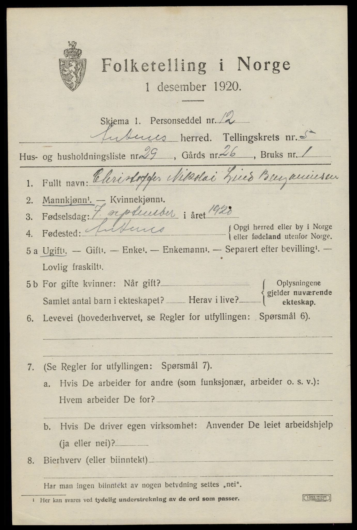 SAT, 1920 census for Ankenes, 1920, p. 3427