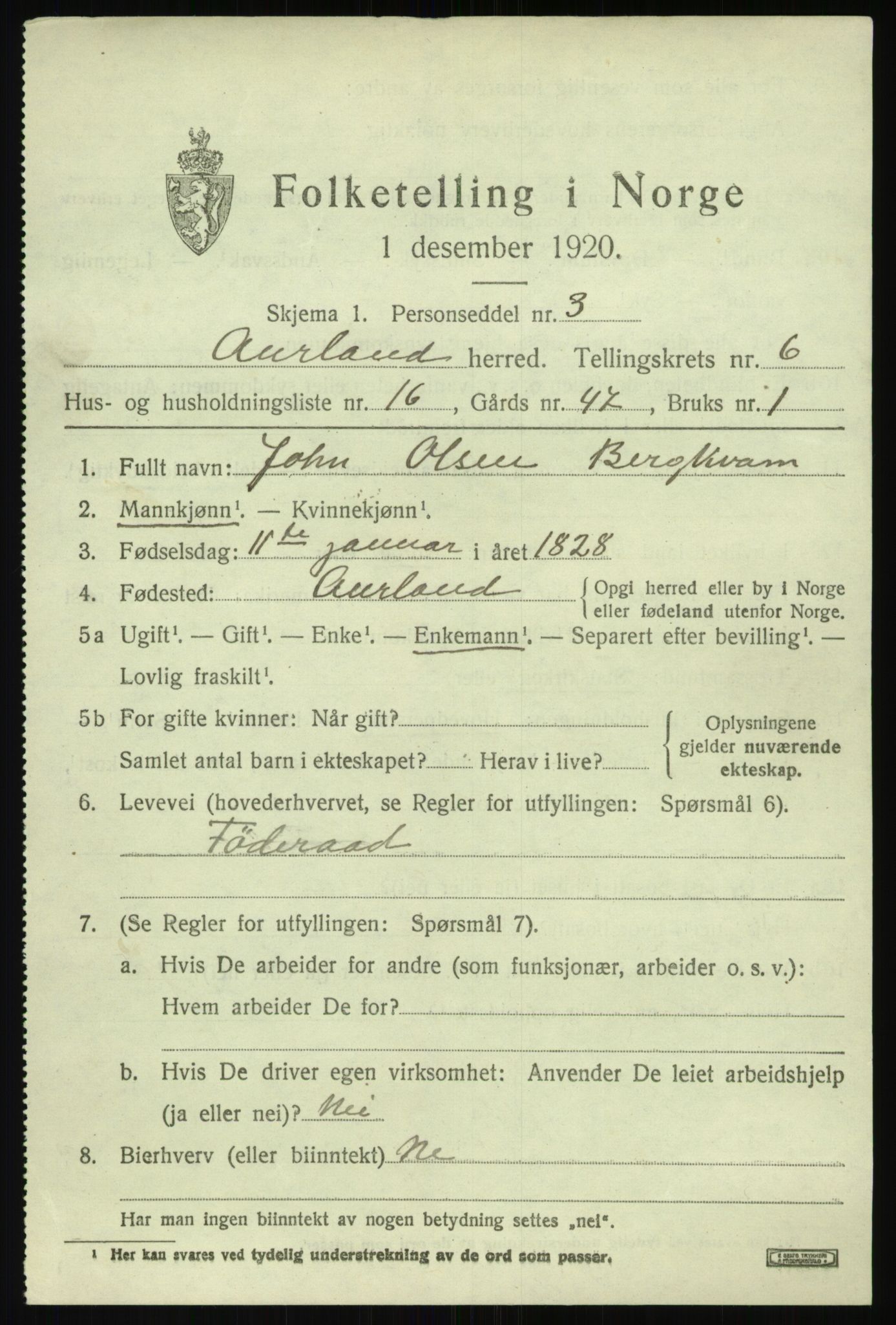 SAB, 1920 census for Aurland, 1920, p. 4066