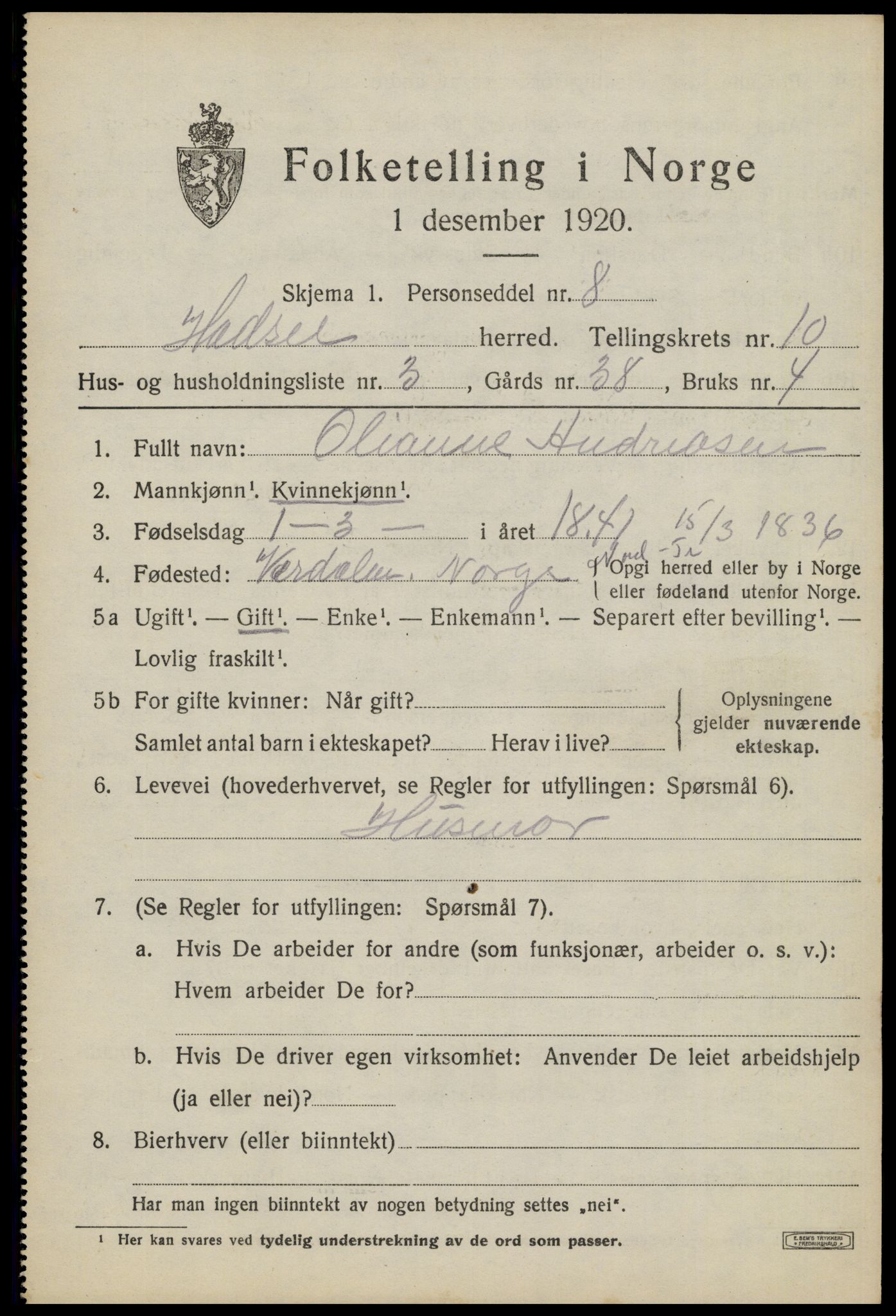 SAT, 1920 census for Hadsel, 1920, p. 8162