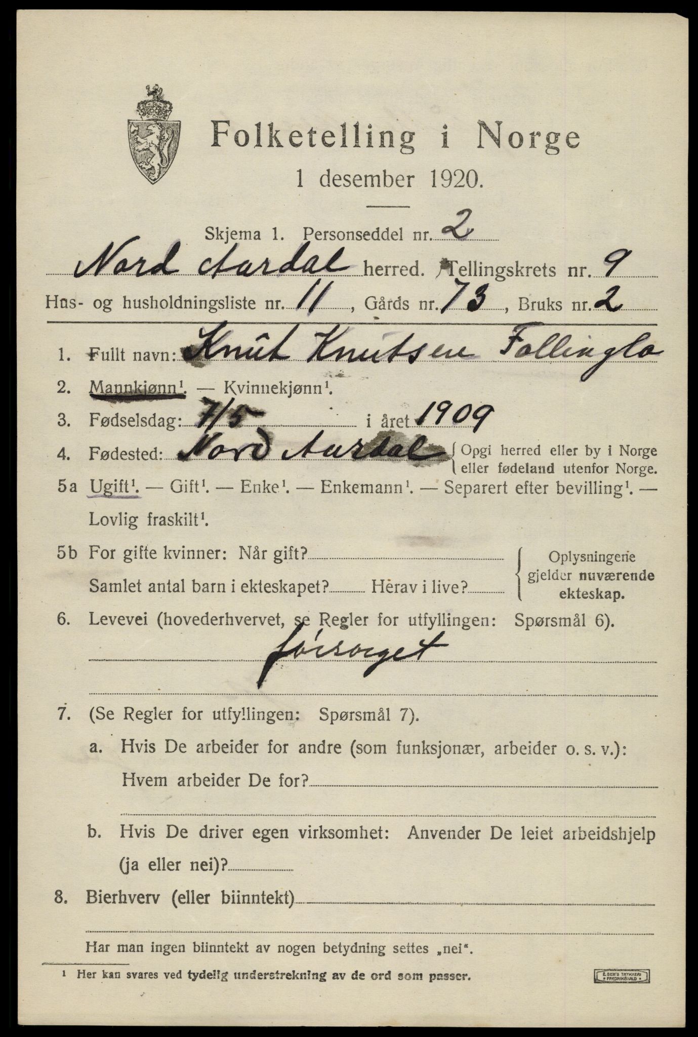 SAH, 1920 census for Nord-Aurdal, 1920, p. 7620