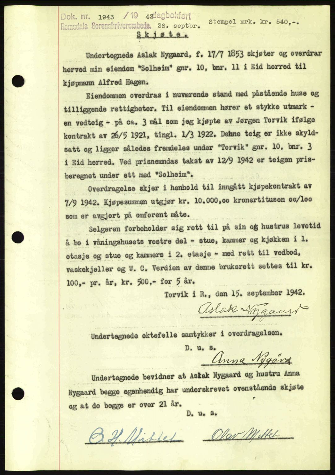 Romsdal sorenskriveri, AV/SAT-A-4149/1/2/2C: Mortgage book no. A12, 1942-1942, Diary no: : 1943/1942