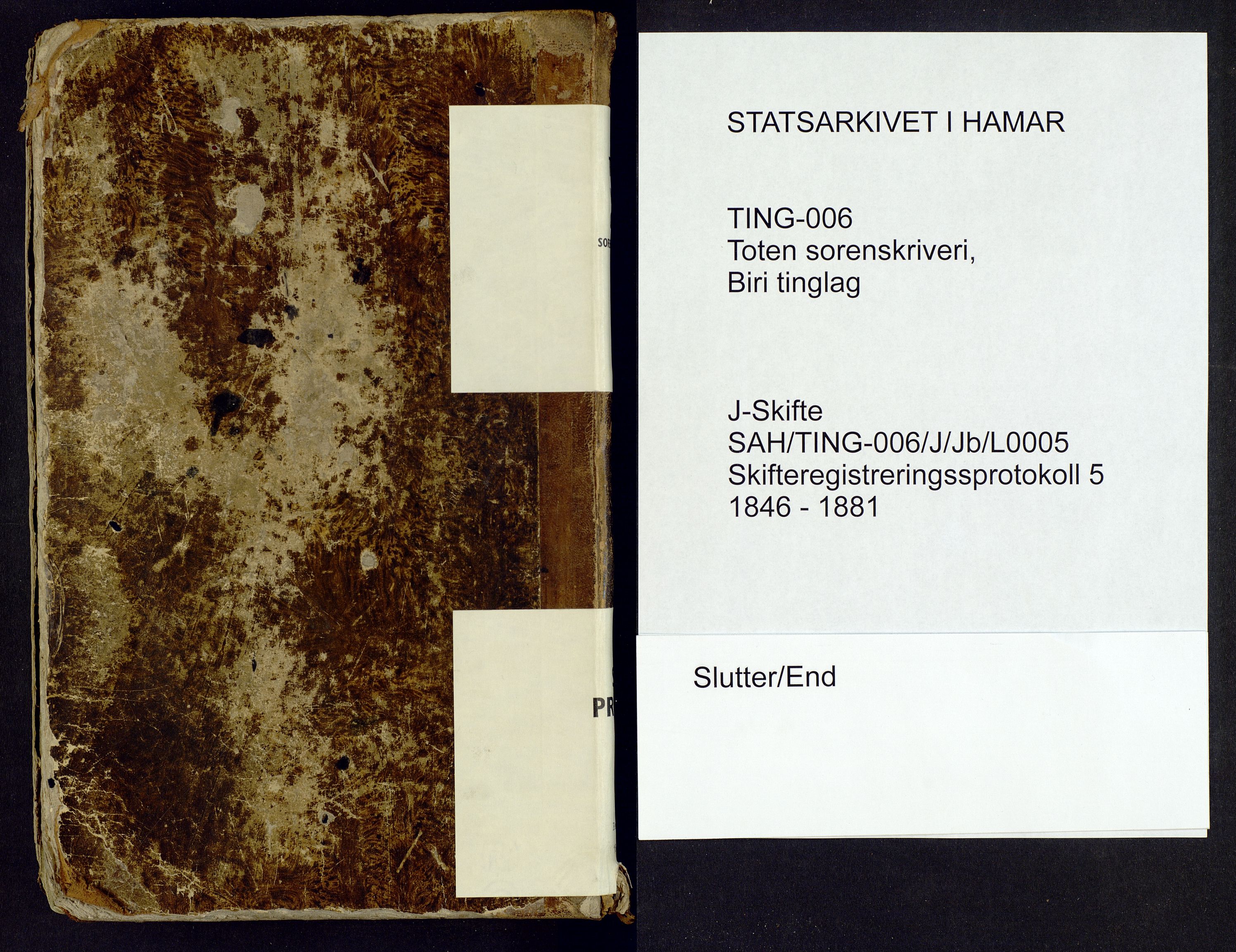 Toten tingrett, SAH/TING-006/J/Jb/L0005: Skifteregistreringsprotokoll - Biri, 1846-1881