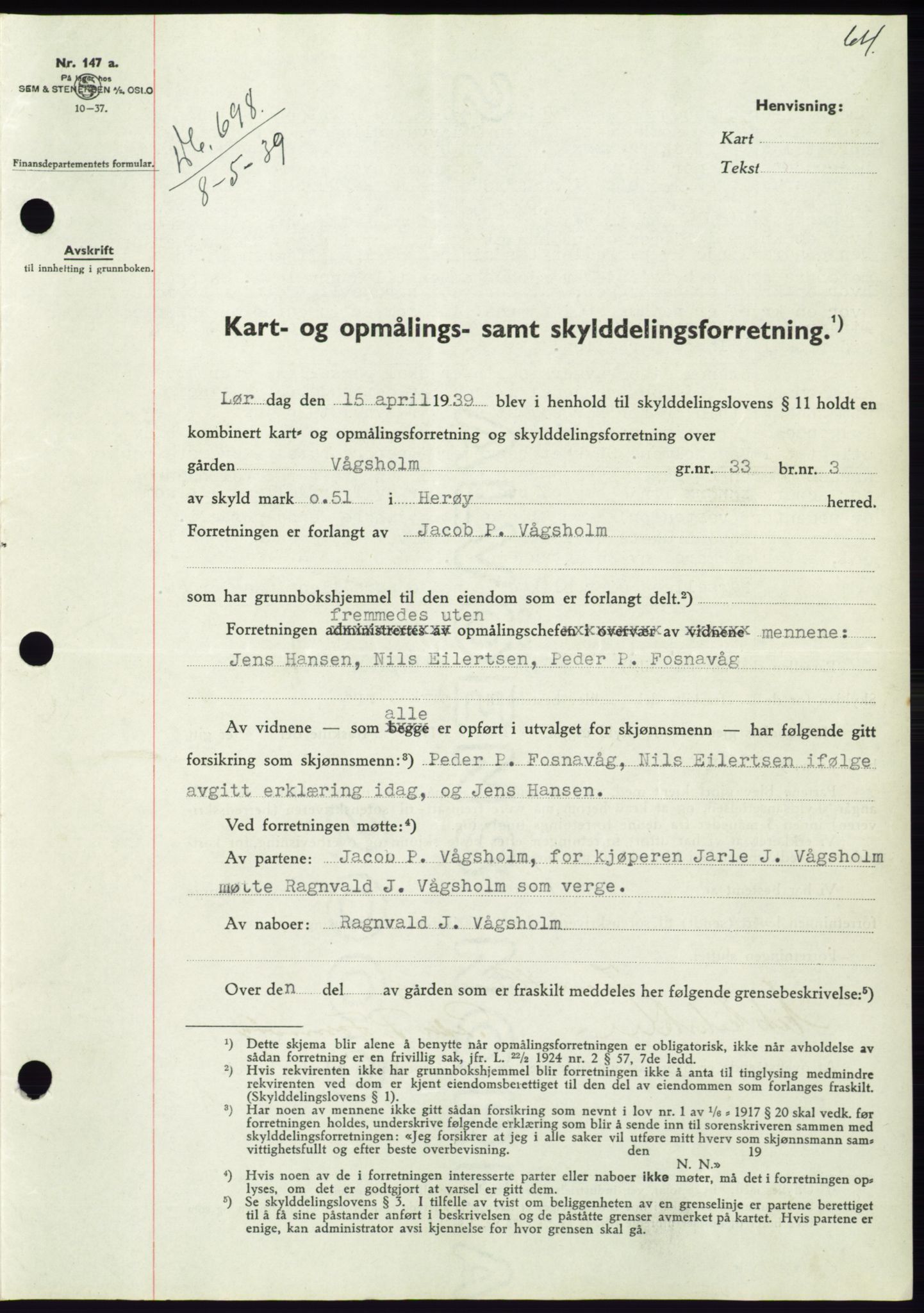 Søre Sunnmøre sorenskriveri, AV/SAT-A-4122/1/2/2C/L0068: Mortgage book no. 62, 1939-1939, Diary no: : 698/1939