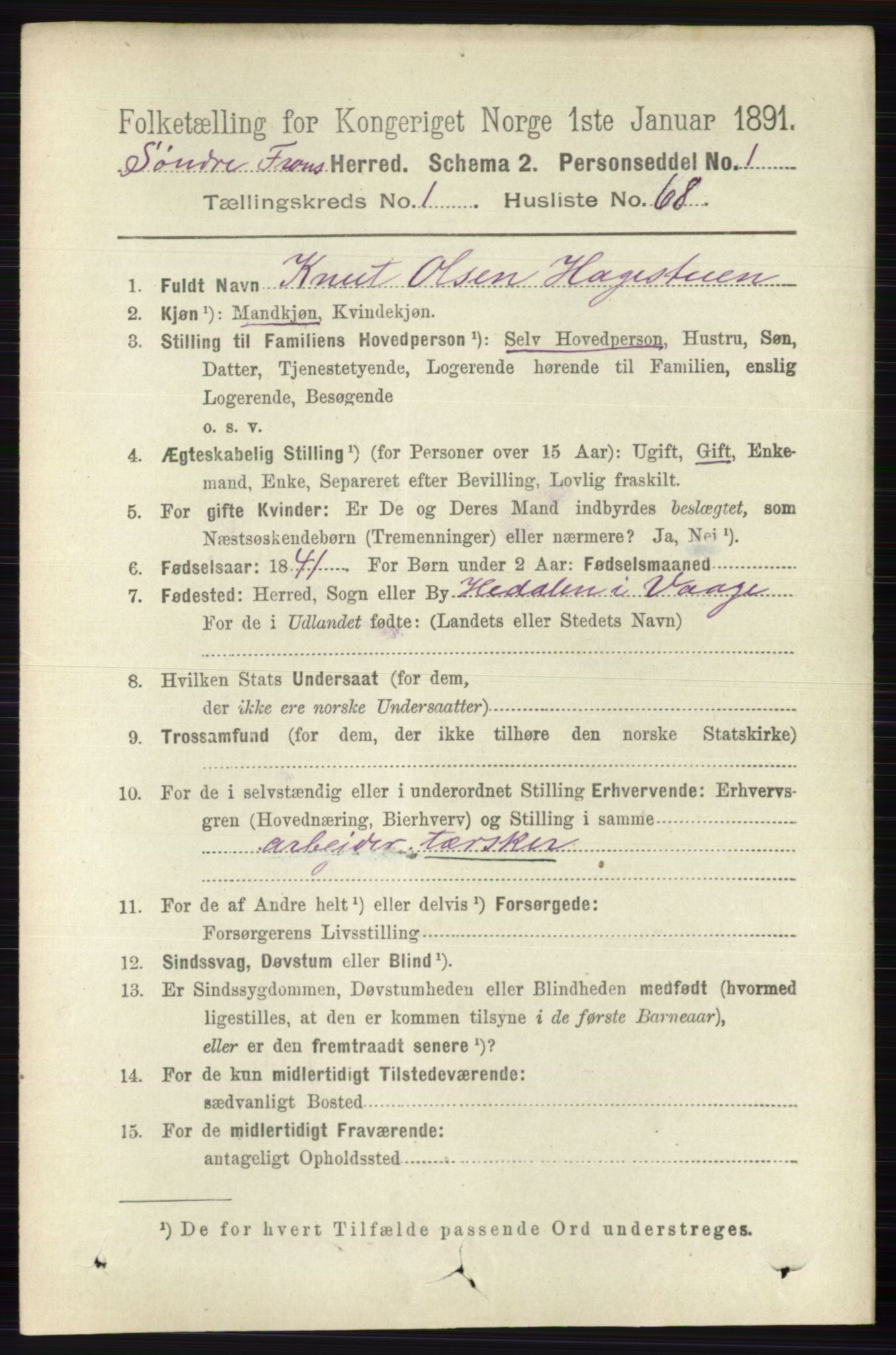 RA, 1891 census for 0519 Sør-Fron, 1891, p. 492