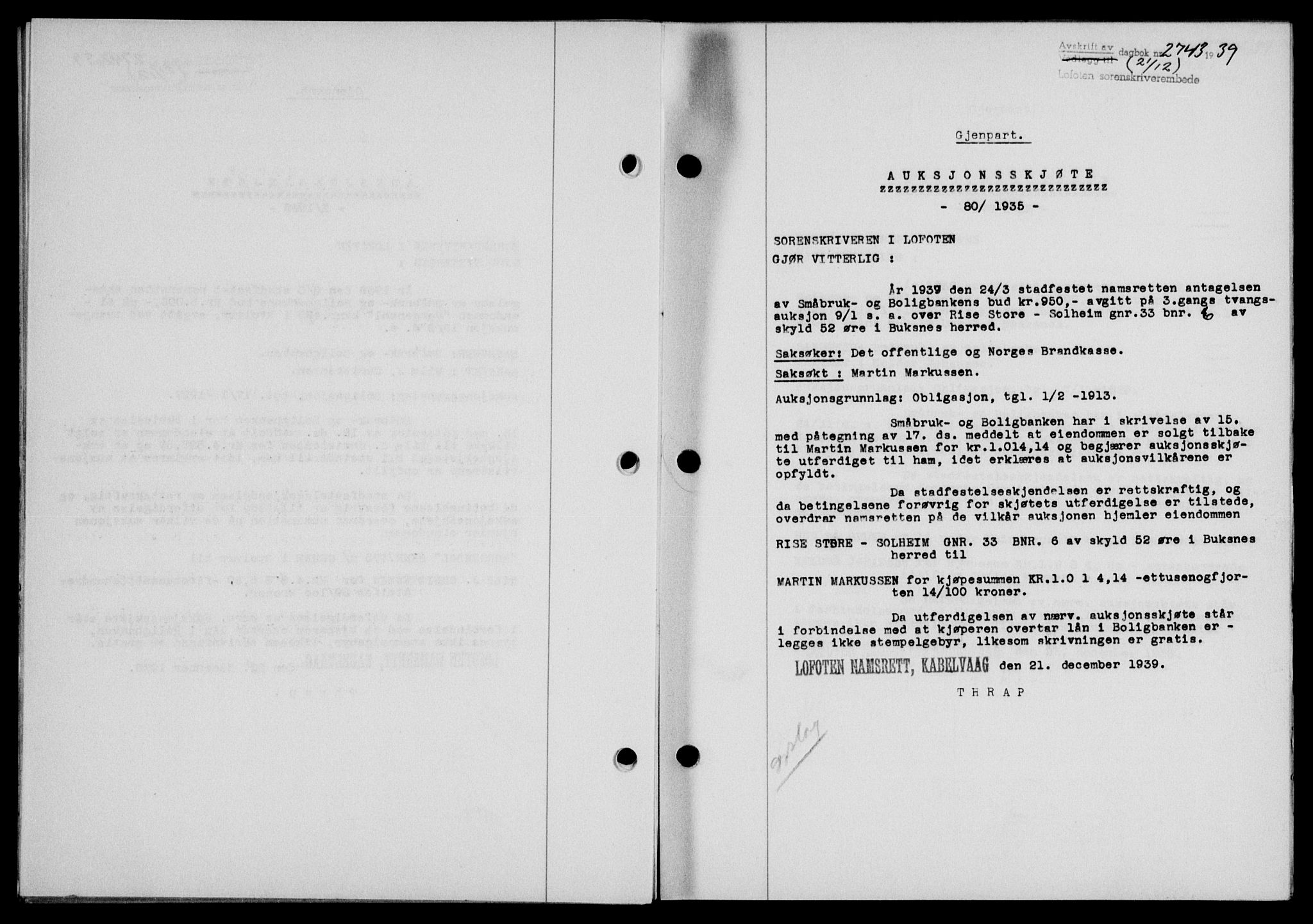 Lofoten sorenskriveri, SAT/A-0017/1/2/2C/L0007a: Mortgage book no. 7a, 1939-1940, Diary no: : 2743/1939
