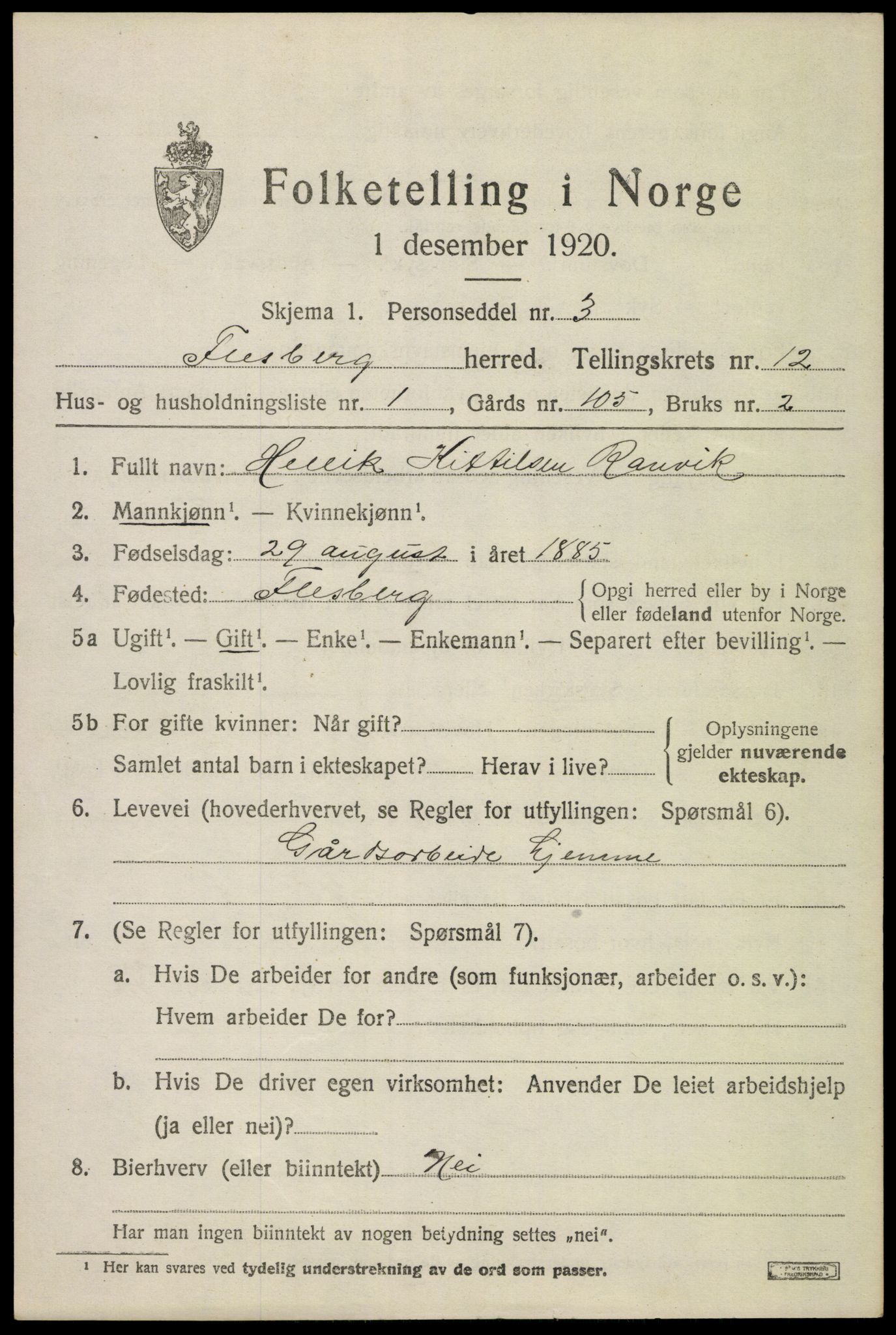 SAKO, 1920 census for Flesberg, 1920, p. 3847