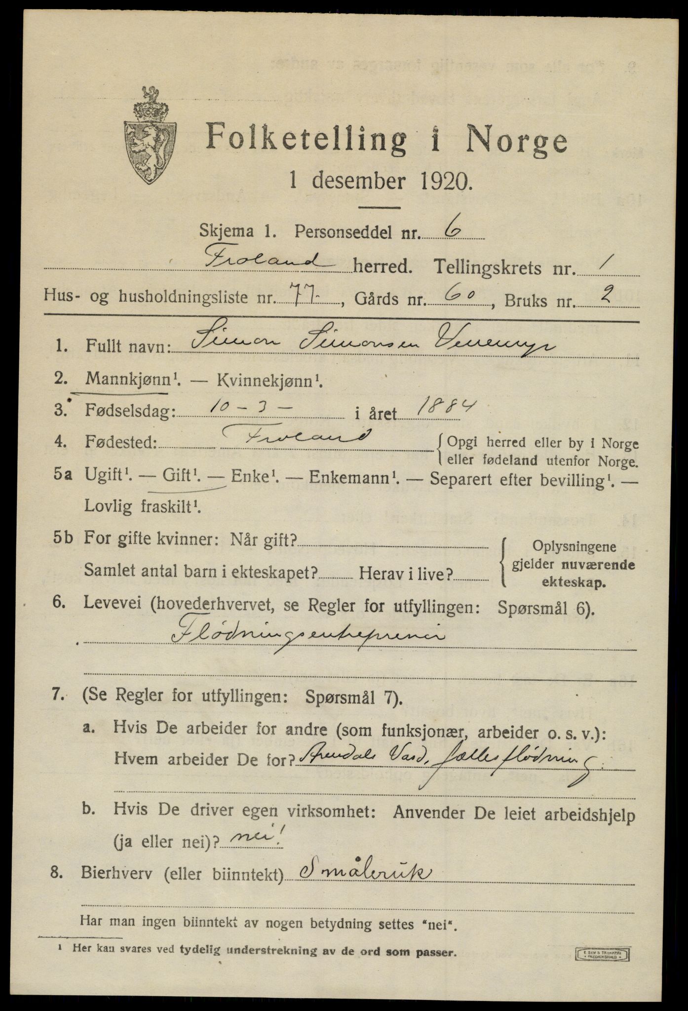 SAK, 1920 census for Froland, 1920, p. 1863