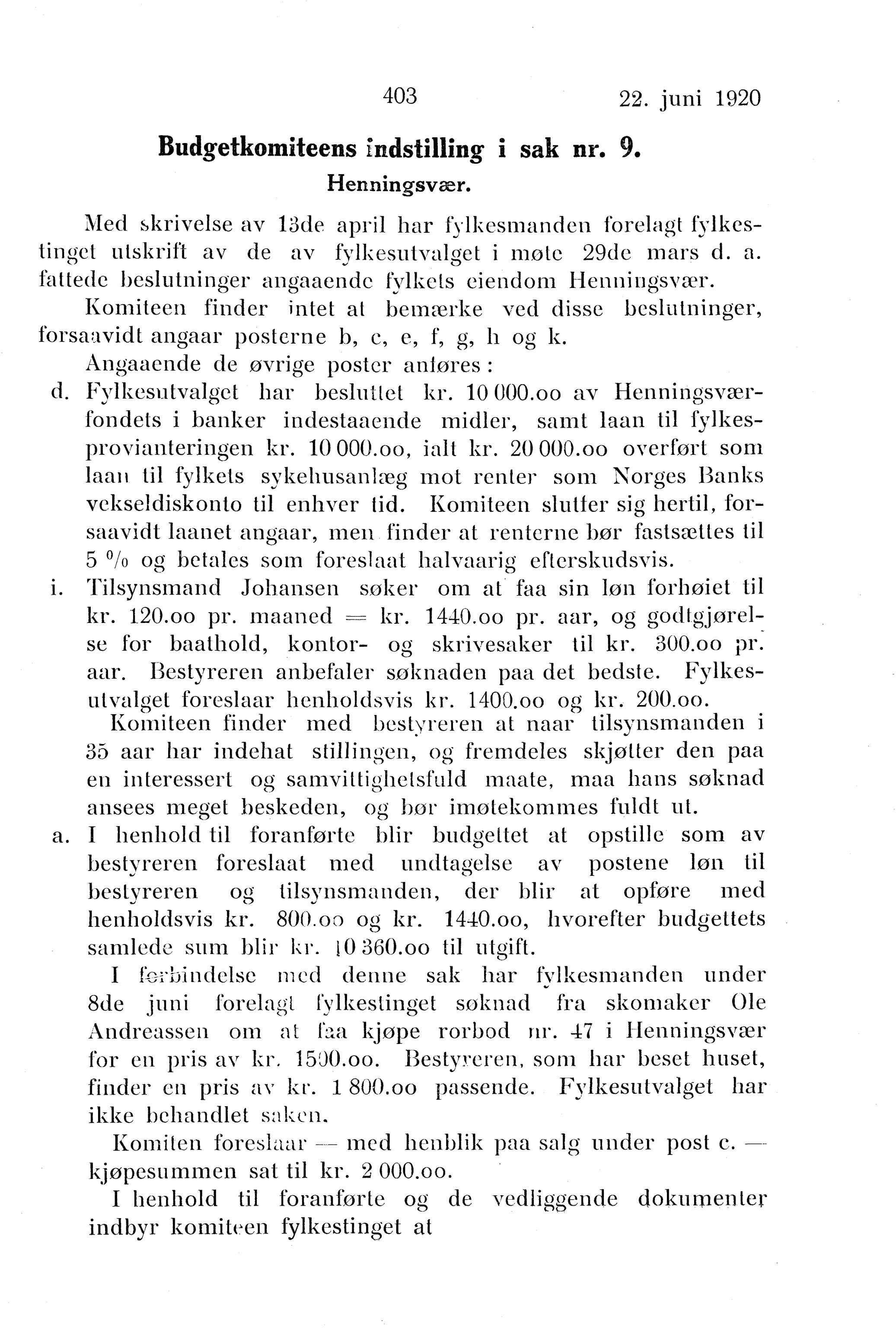 Nordland Fylkeskommune. Fylkestinget, AIN/NFK-17/176/A/Ac/L0043: Fylkestingsforhandlinger 1920, 1920