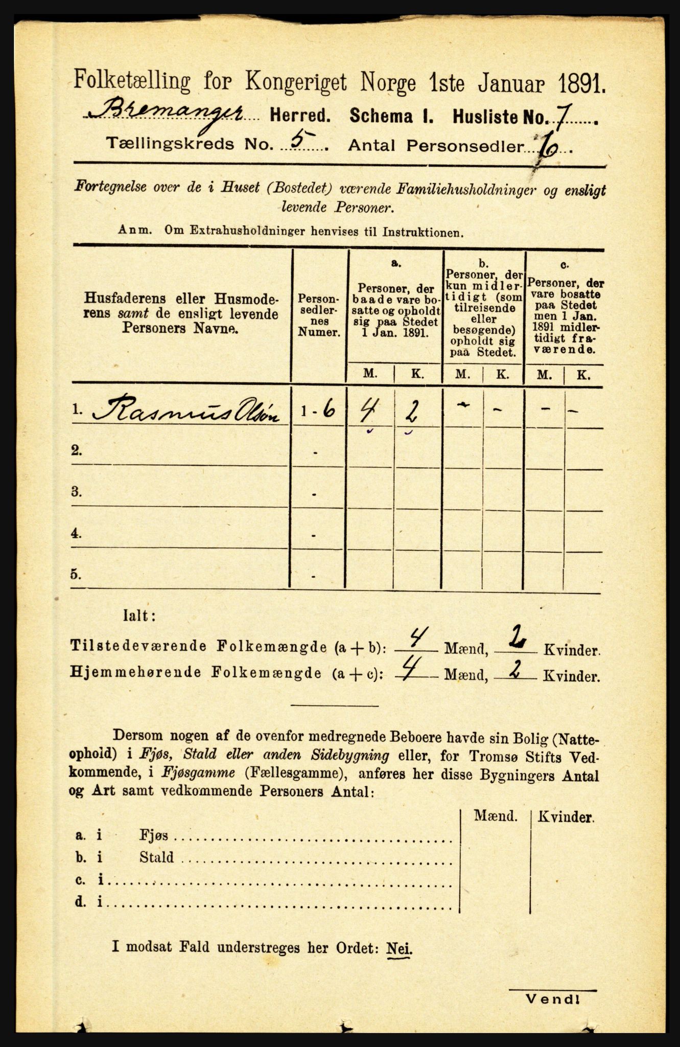RA, 1891 census for 1438 Bremanger, 1891, p. 1915