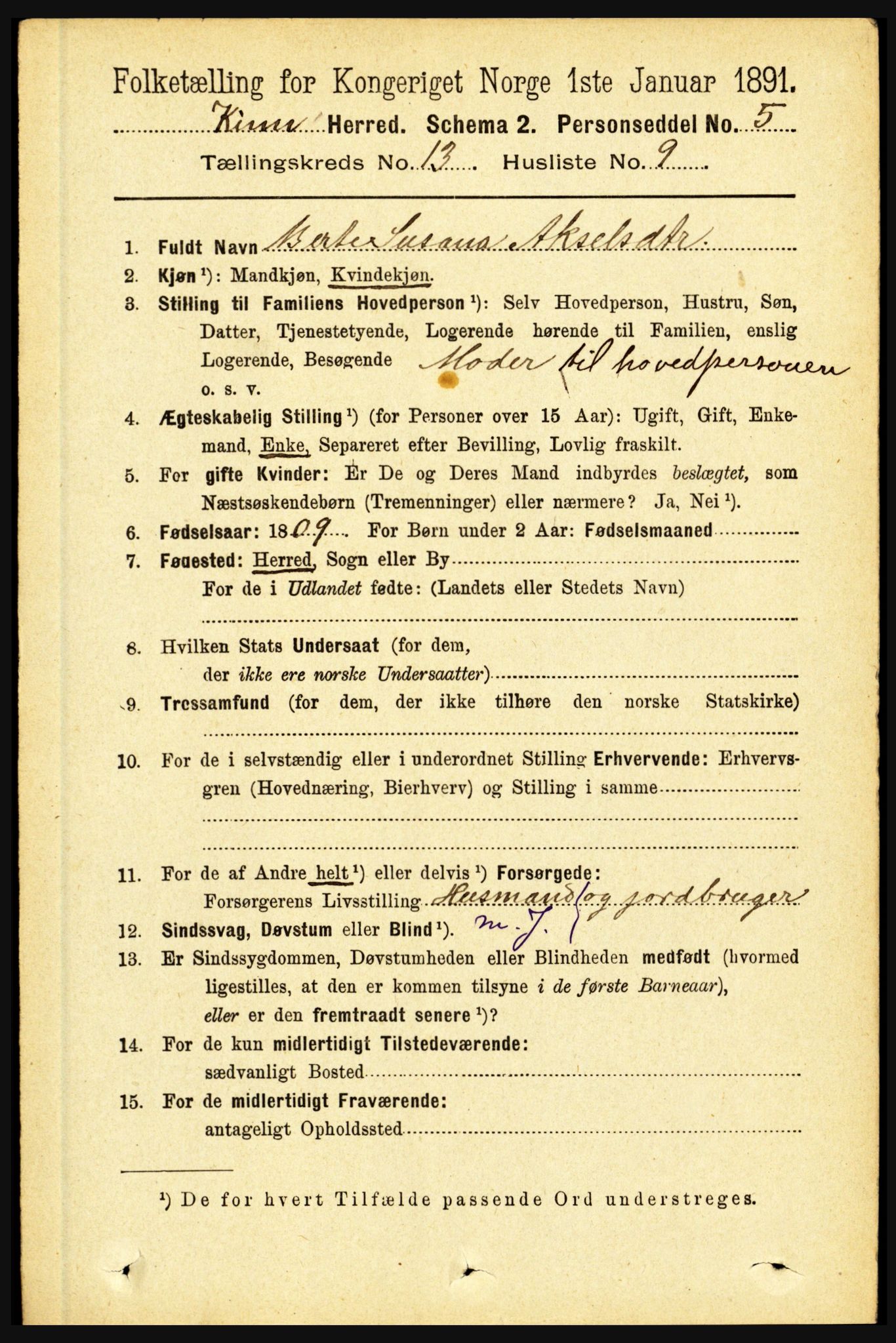 RA, 1891 census for 1437 Kinn, 1891, p. 5119