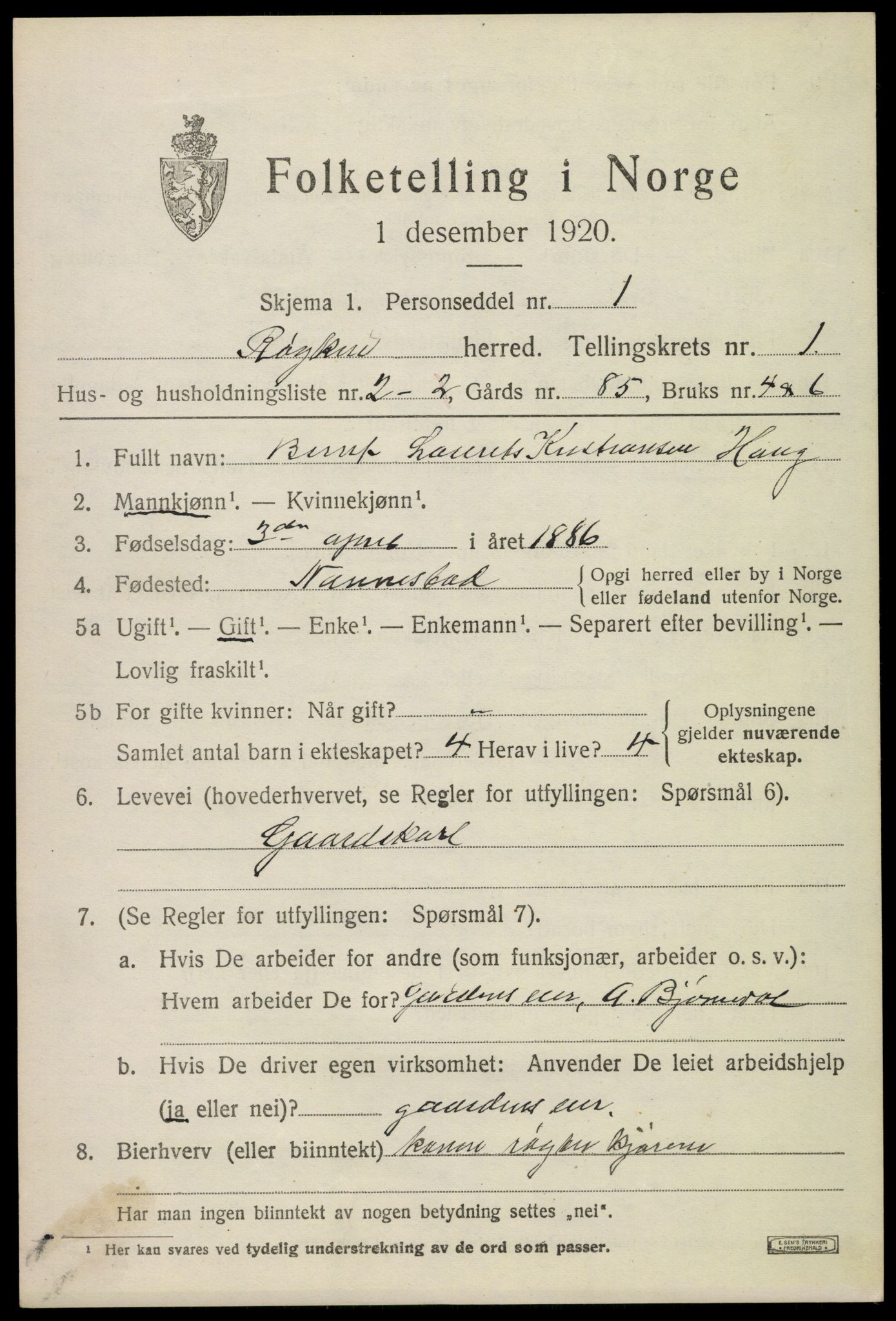 SAKO, 1920 census for Røyken, 1920, p. 1842