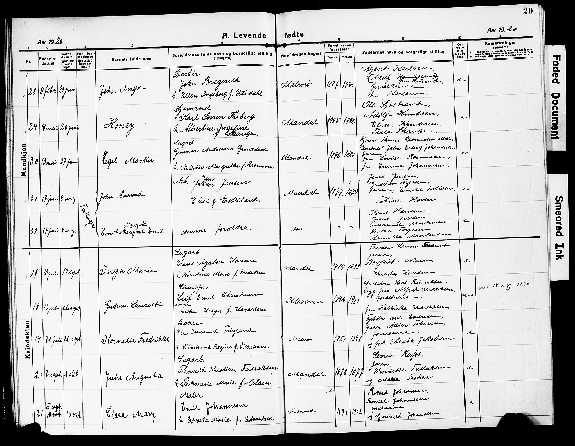 Mandal sokneprestkontor, AV/SAK-1111-0030/F/Fb/Fbc/L0001: Parish register (copy) no. B 1, 1918-1931, p. 20