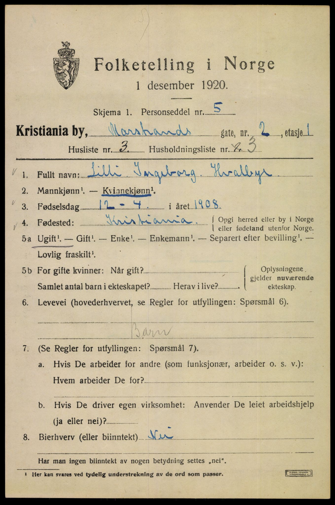 SAO, 1920 census for Kristiania, 1920, p. 392177