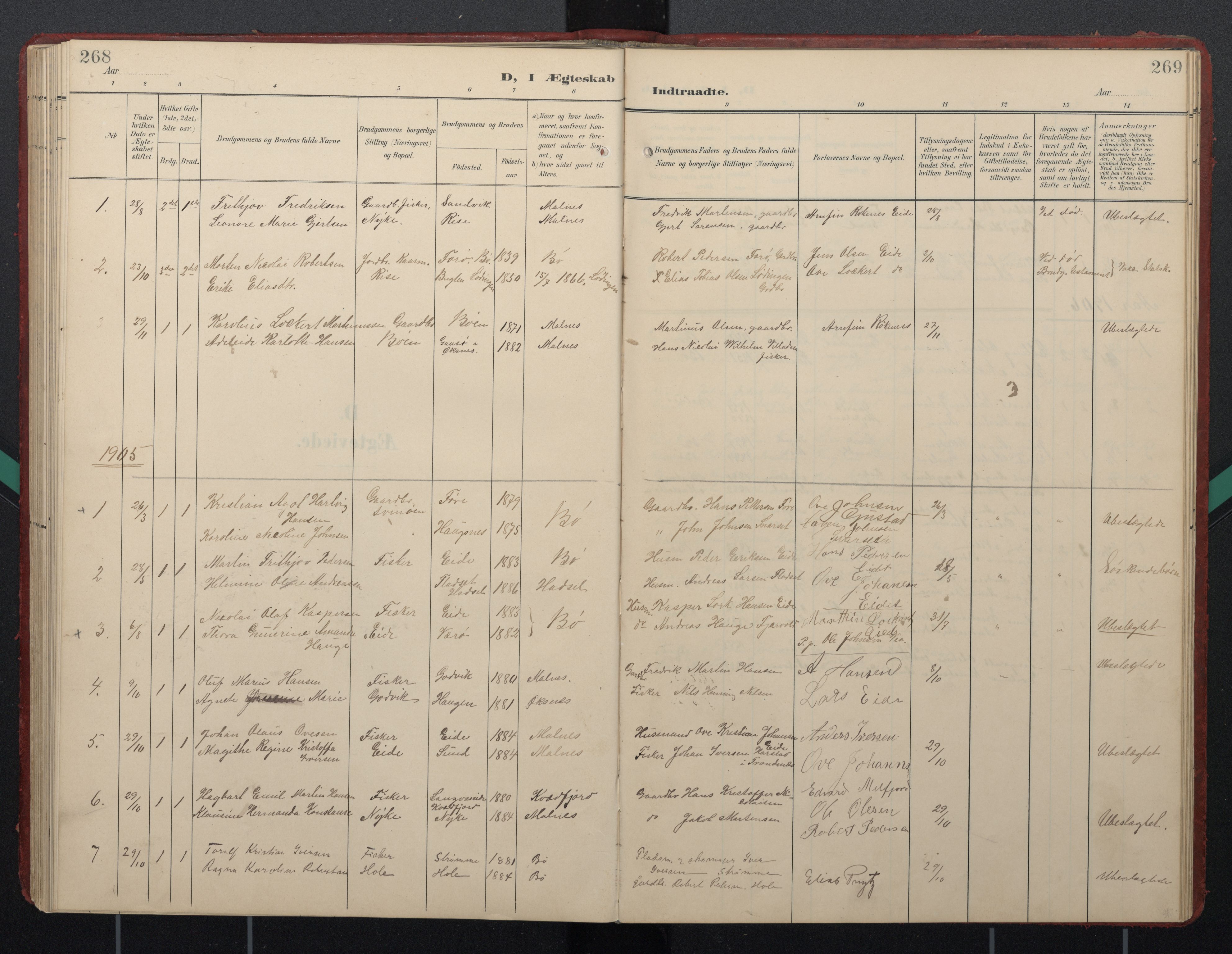 Ministerialprotokoller, klokkerbøker og fødselsregistre - Nordland, SAT/A-1459/892/L1322: Parish register (official) no. 892A03, 1904-1921, p. 268-269
