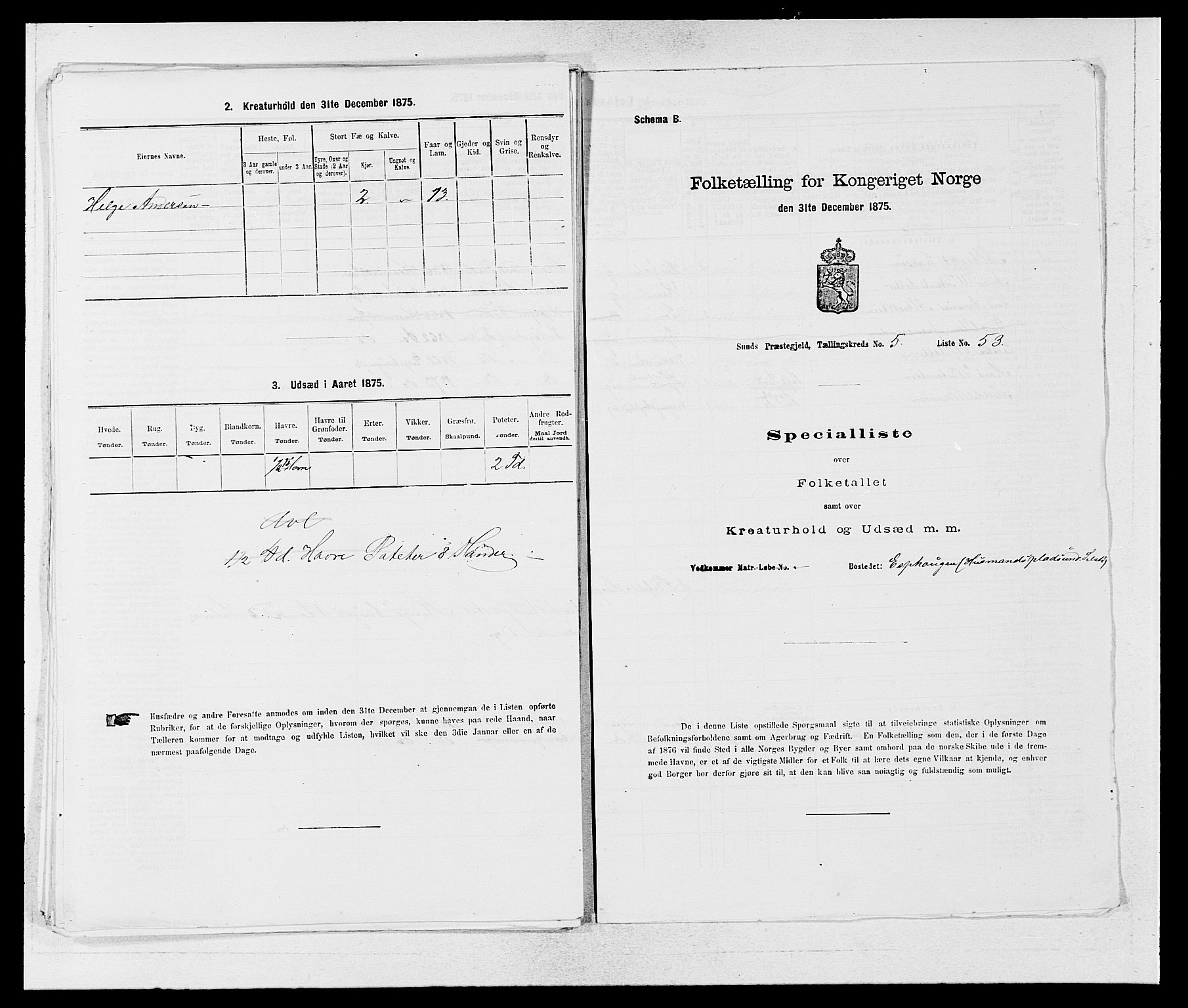 SAB, 1875 census for 1245P Sund, 1875, p. 573