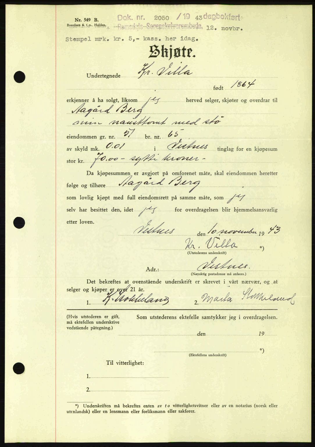 Romsdal sorenskriveri, AV/SAT-A-4149/1/2/2C: Mortgage book no. A15, 1943-1944, Diary no: : 2050/1943